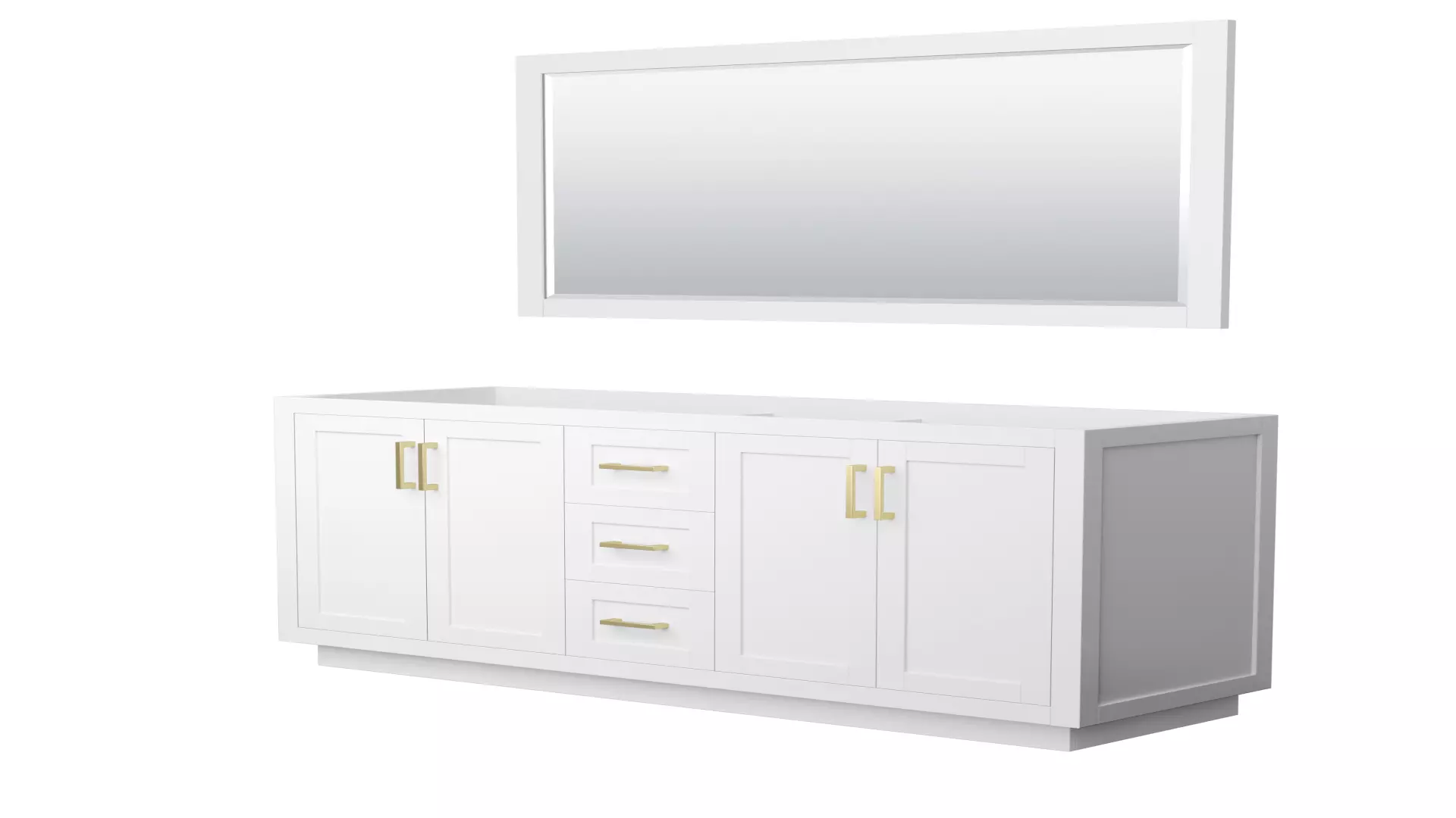 Miranda 66 Inch Double Bathroom Vanity in White, No Countertop, No Sink, Brushed Gold Trim, 58 Inch Mirror material