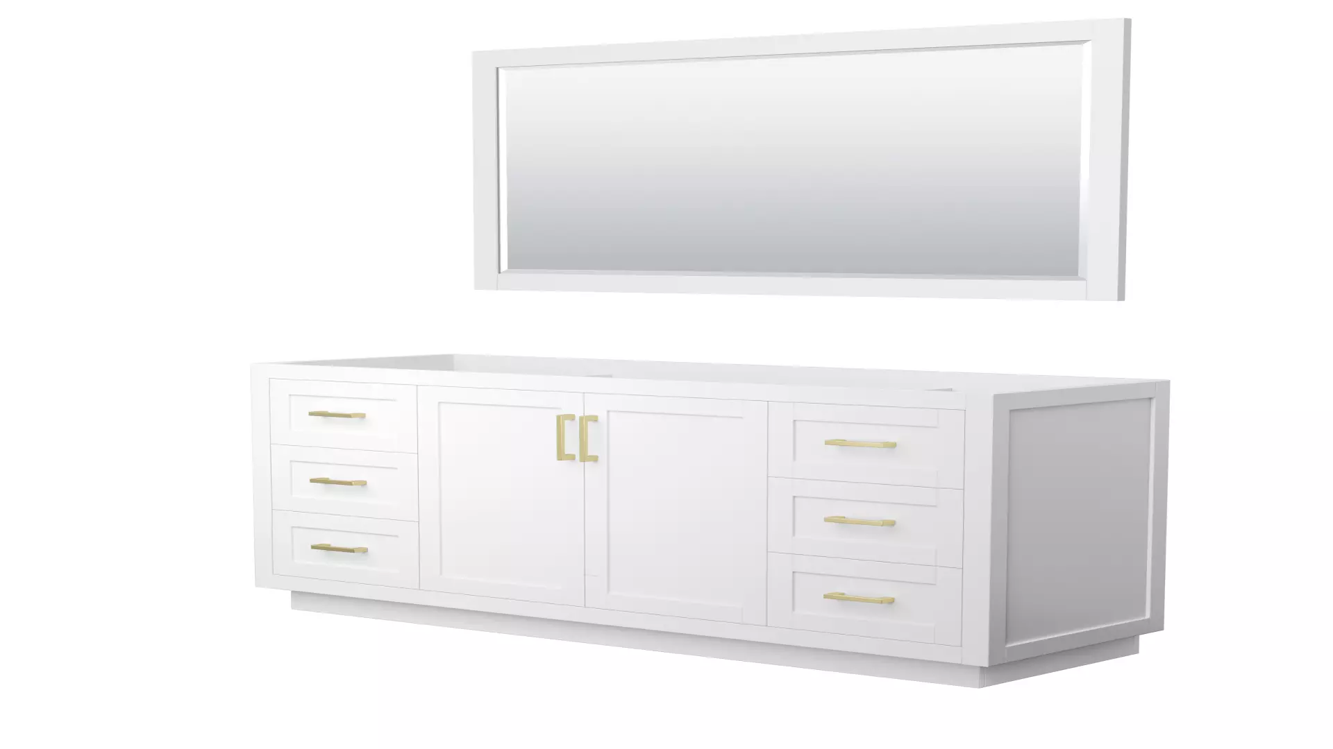 Miranda 66 Inch Single Bathroom Vanity in White, No Countertop, No Sink, Brushed Gold Trim, 58 Inch Mirror material