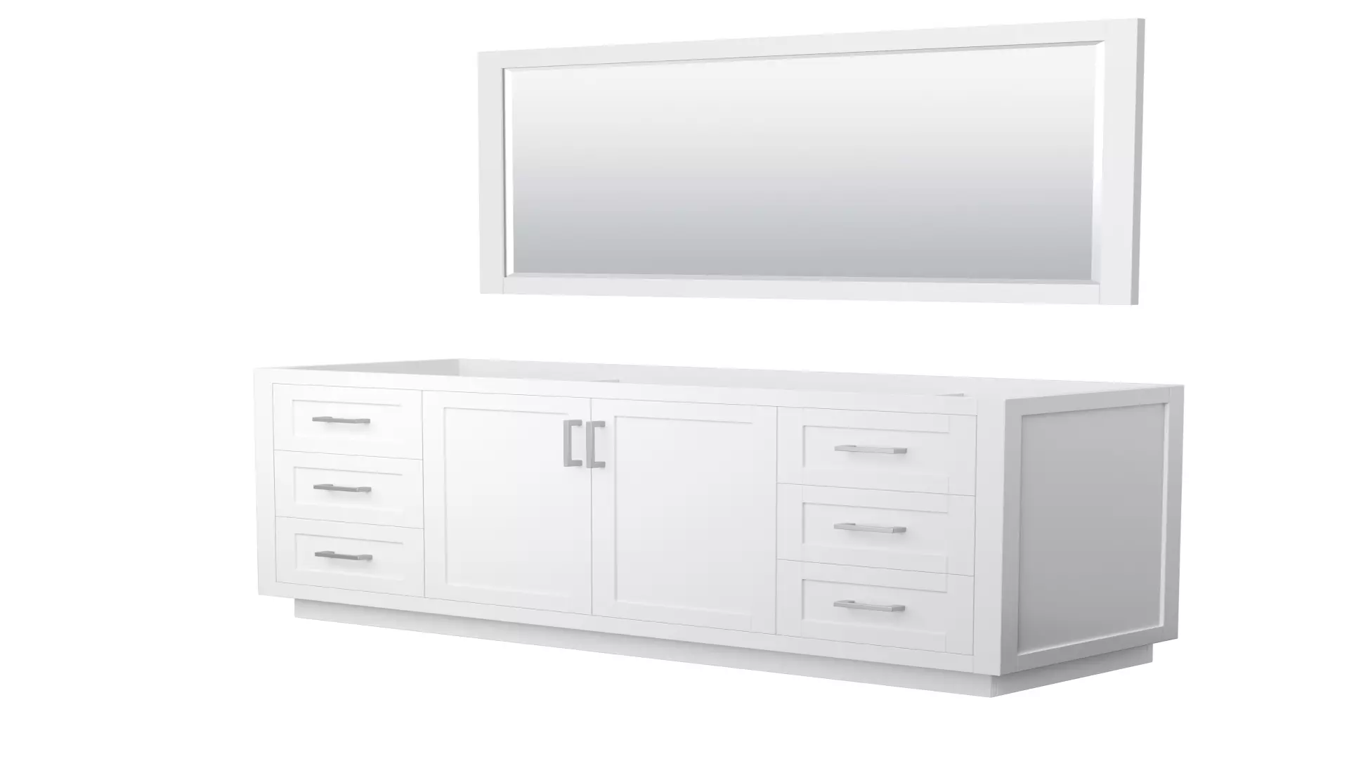 Miranda 66 Inch Single Bathroom Vanity in White, No Countertop, No Sink, Brushed Nickel Trim, 58 Inch Mirror material