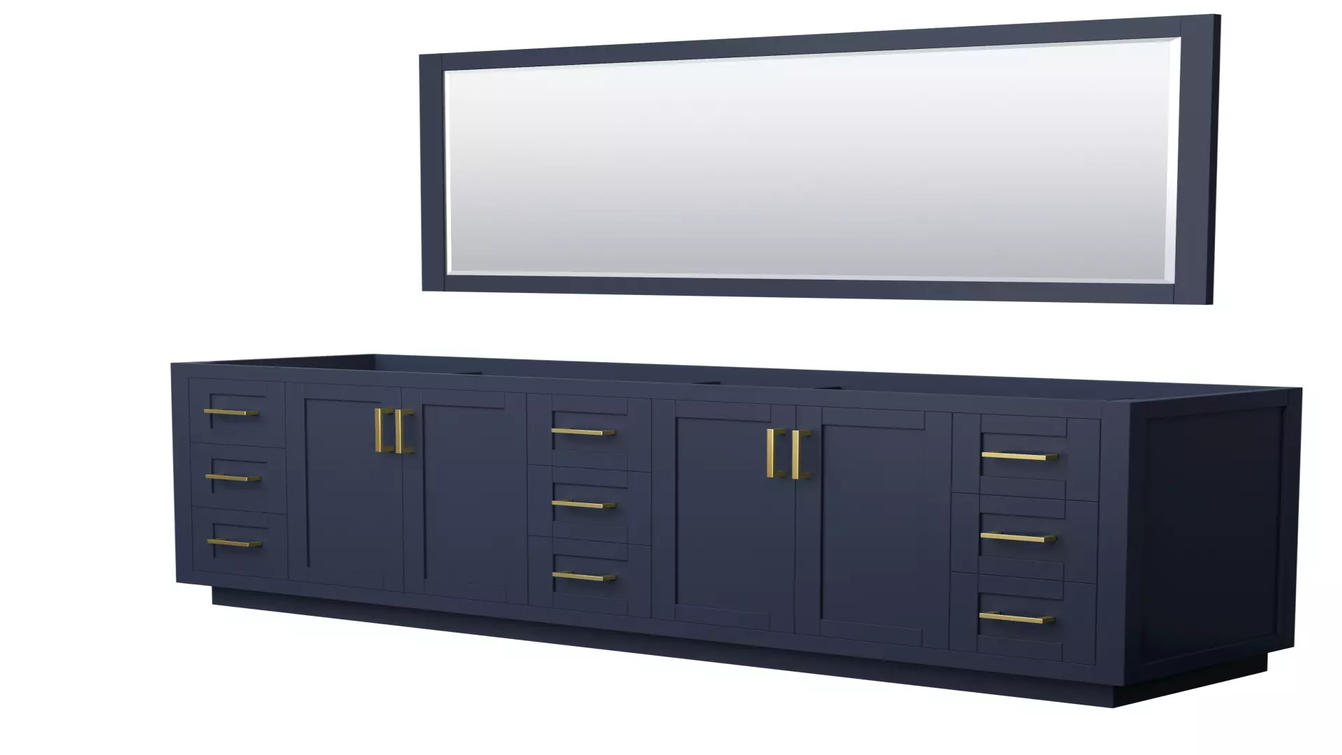 Miranda 84 Inch Double Bathroom Vanity in Dark Blue, No Countertop, No Sink, Brushed Gold Trim, 70 Inch Mirror material