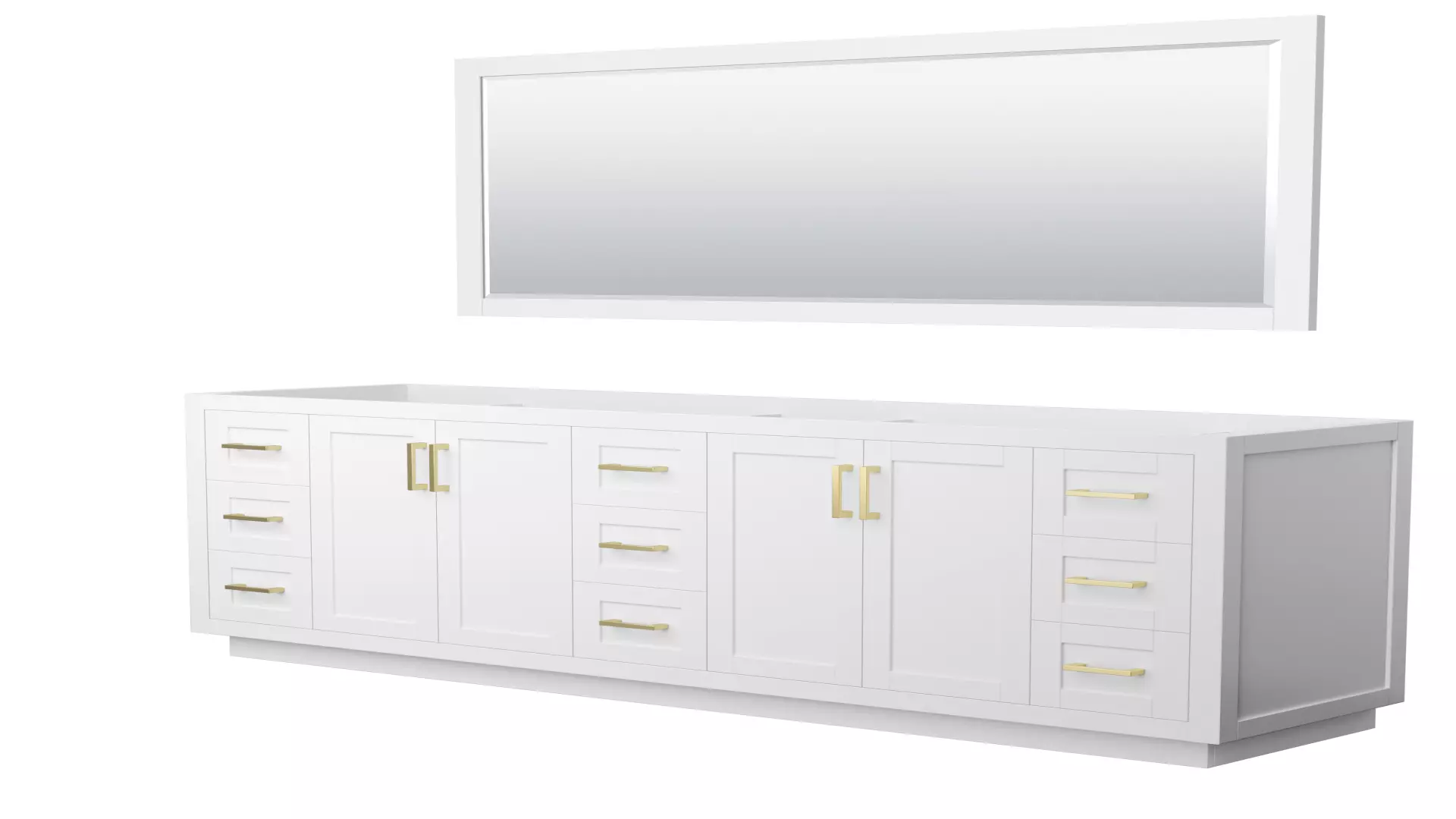 Miranda 84 Inch Double Bathroom Vanity in White, No Countertop, No Sink, Brushed Gold Trim, 70 Inch Mirror material