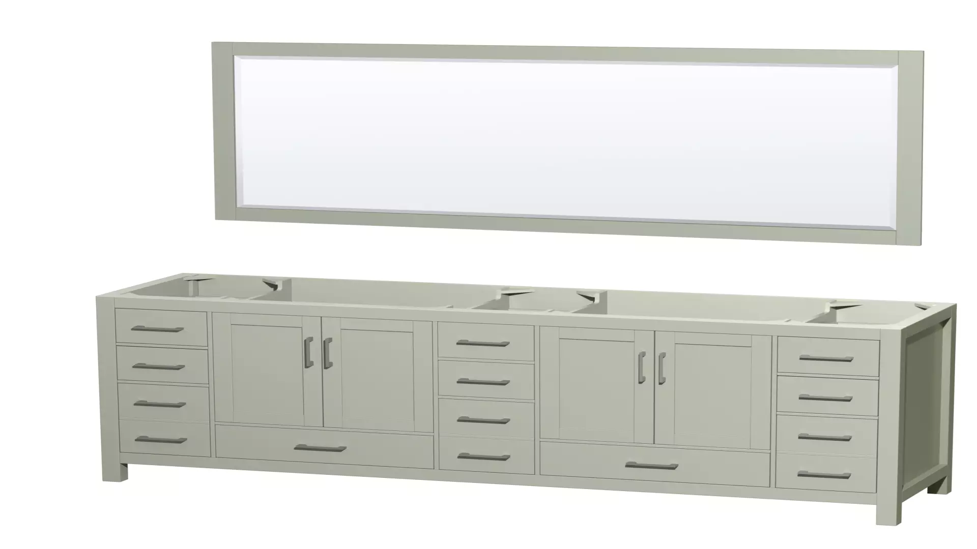 Sheffield 84 inch Double Bathroom Vanity in Light Green, No Countertop, No Sink, Brushed Nickel Trim, 70 inch Mirror material