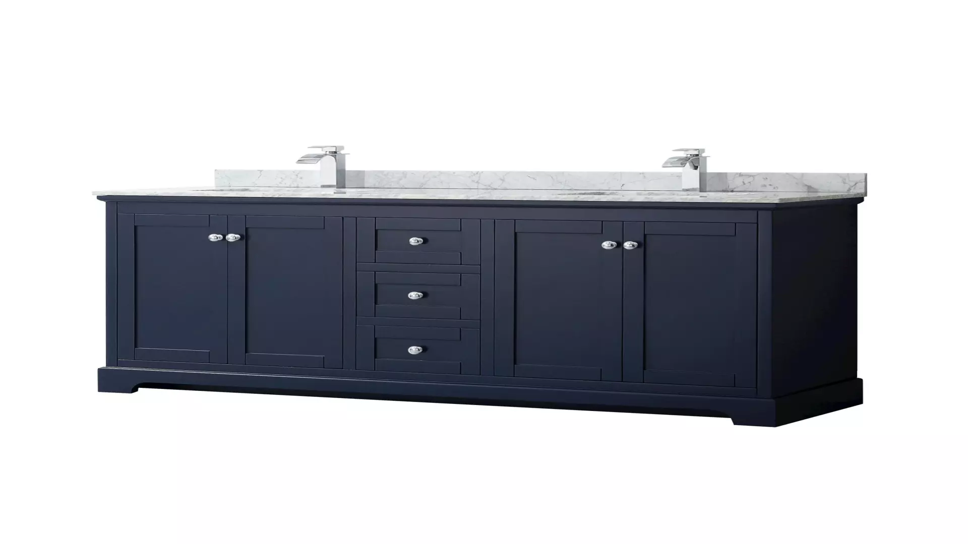 Avery 72 Inch Double Bathroom Vanity in Dark Blue, White Carrara Marble Countertop, Undermount Square Sinks, Polished Chrome Trim material