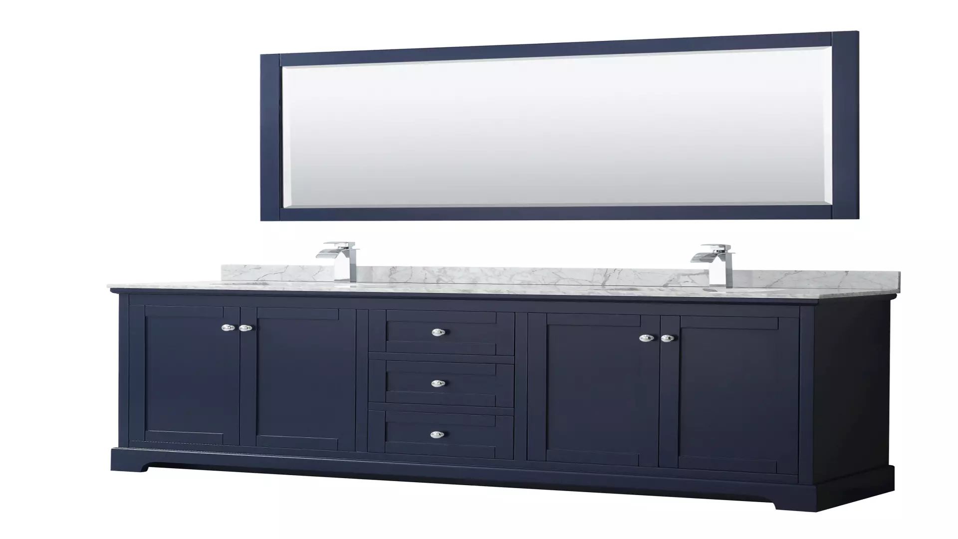 Avery 80 Inch Double Bathroom Vanity in Dark Blue, White Carrara Marble Countertop, Undermount Square Sinks, Polished Chrome Trim, 70 Inch Mirror material