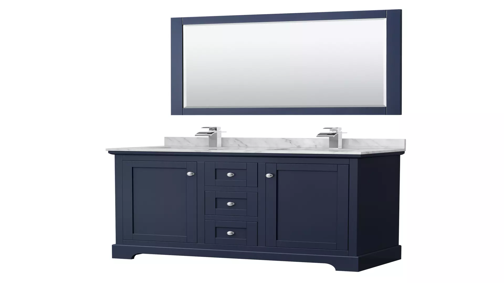 Avery 48 Inch Double Bathroom Vanity in Dark Blue, White Carrara Marble Countertop, Undermount Square Sinks, Polished Chrome Trim, 46 Inch Mirror material
