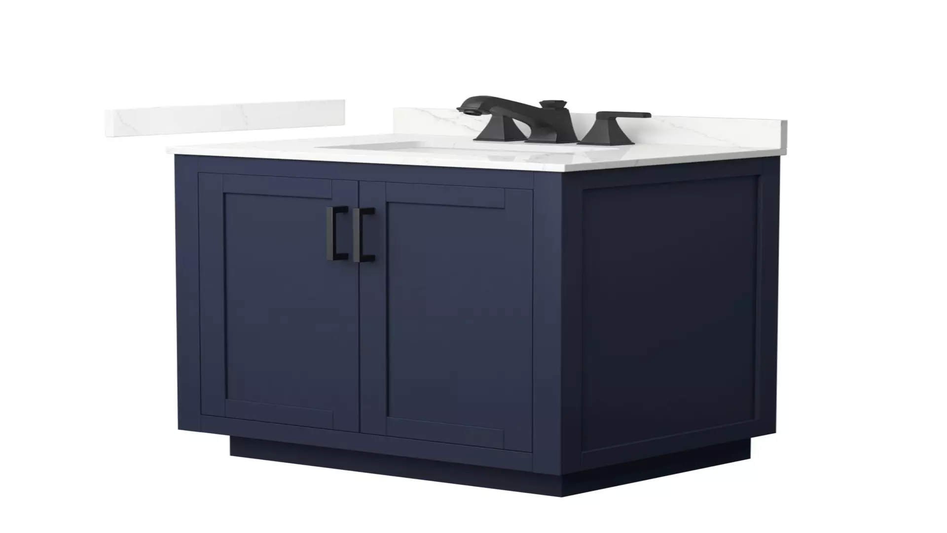 Miranda 30 Inch Single Bathroom Vanity in Dark Blue, Giotto Quartz Countertop, Undermount Square Sink (3-Hole), Matte Black Trim material