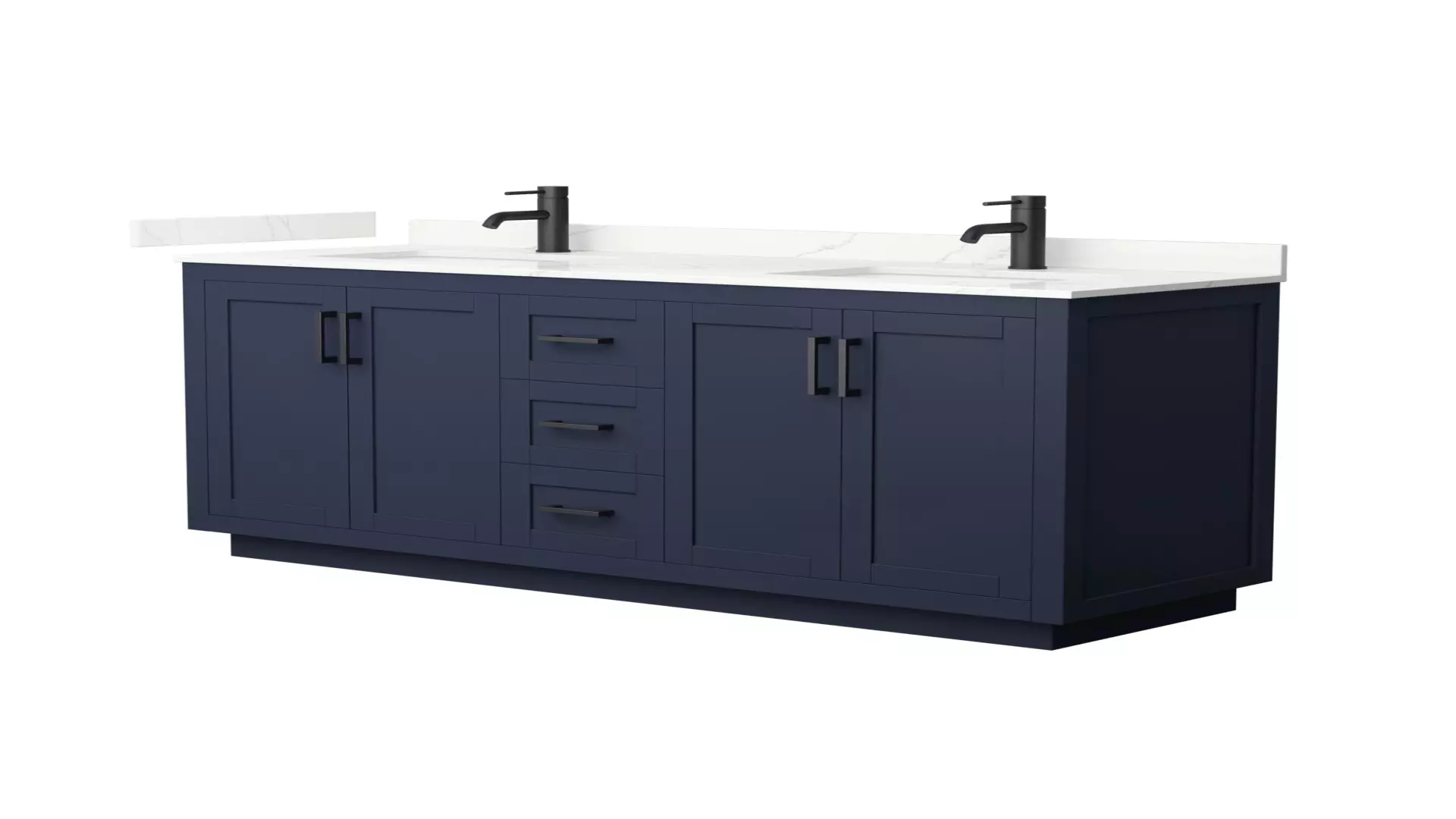 Miranda 66 Inch Double Bathroom Vanity in Dark Blue, Giotto Quartz Countertop, Undermount Square Sinks (1-Hole), Matte Black Trim material