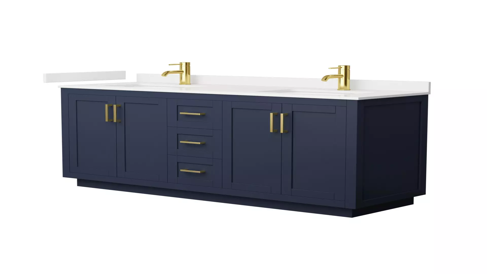 Miranda 66 Inch Double Bathroom Vanity in Dark Blue, White Quartz Countertop, Undermount Square Sinks (1-Hole), Brushed Gold Trim material