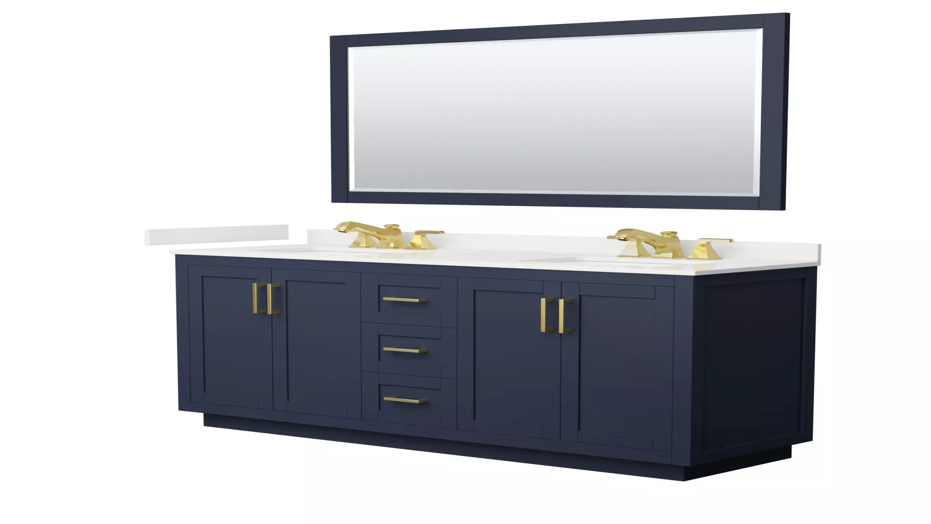 Miranda 66 Inch Double Bathroom Vanity in Dark Blue, White Quartz Countertop, Undermount Square Sinks (3-Hole), Brushed Gold Trim, 58 Inch Mirror material