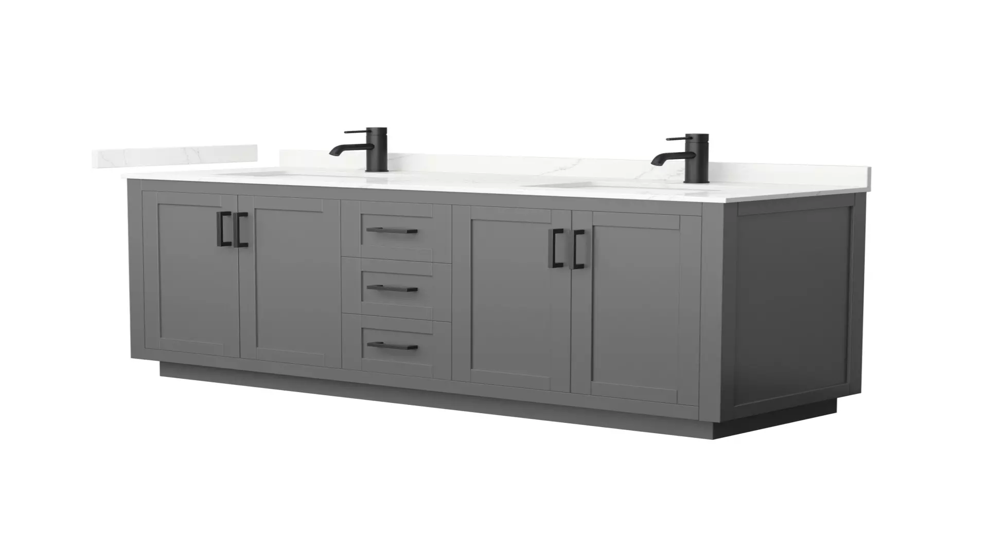 Miranda 66 Inch Double Bathroom Vanity in Dark Gray, Giotto Quartz Countertop, Undermount Square Sinks (1-Hole), Matte Black Trim material