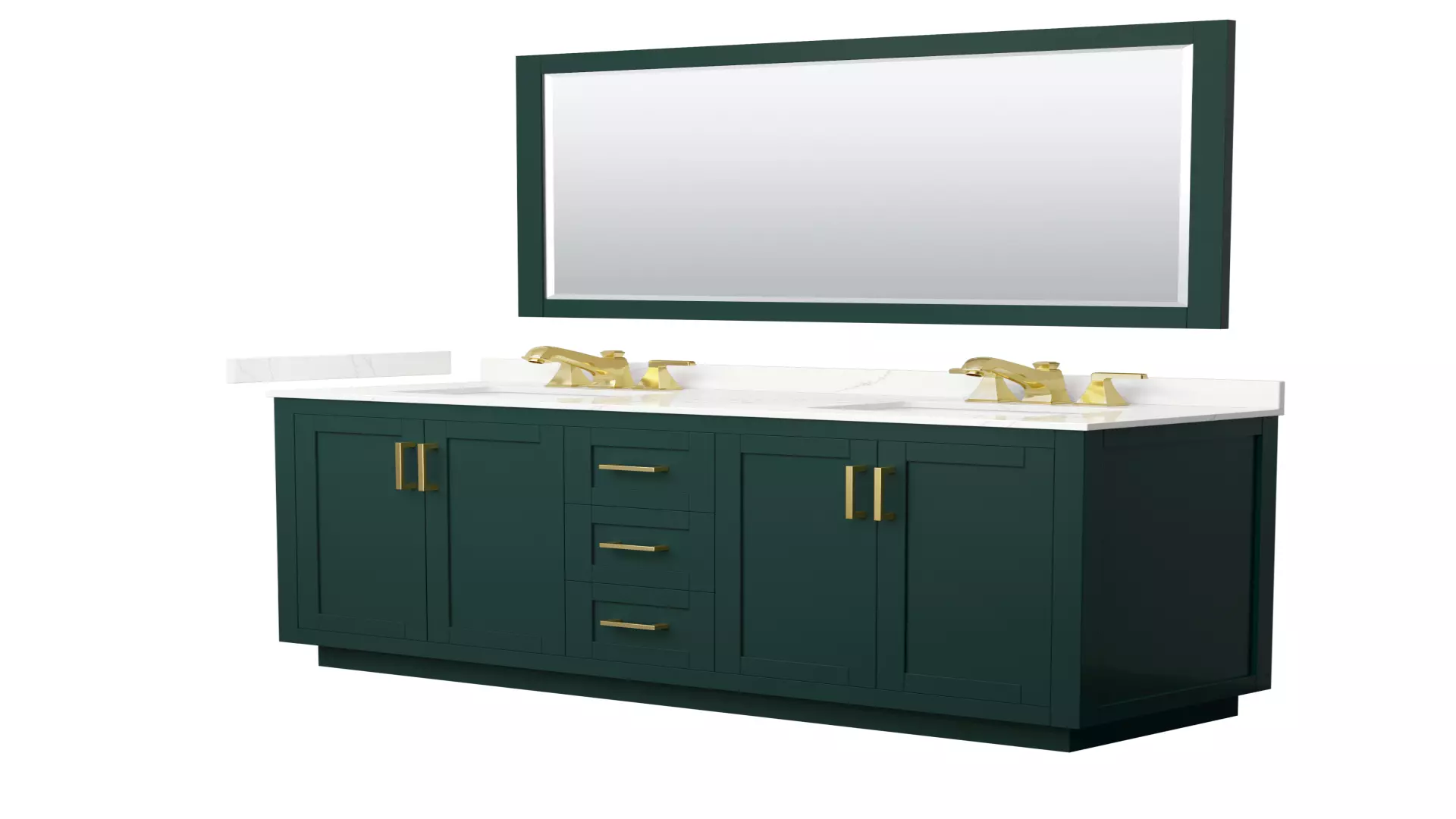 Miranda 66 Inch Double Bathroom Vanity in Green, Giotto Quartz Countertop, Undermount Square Sinks (3-Hole), Brushed Gold Trim, 58 Inch Mirror material