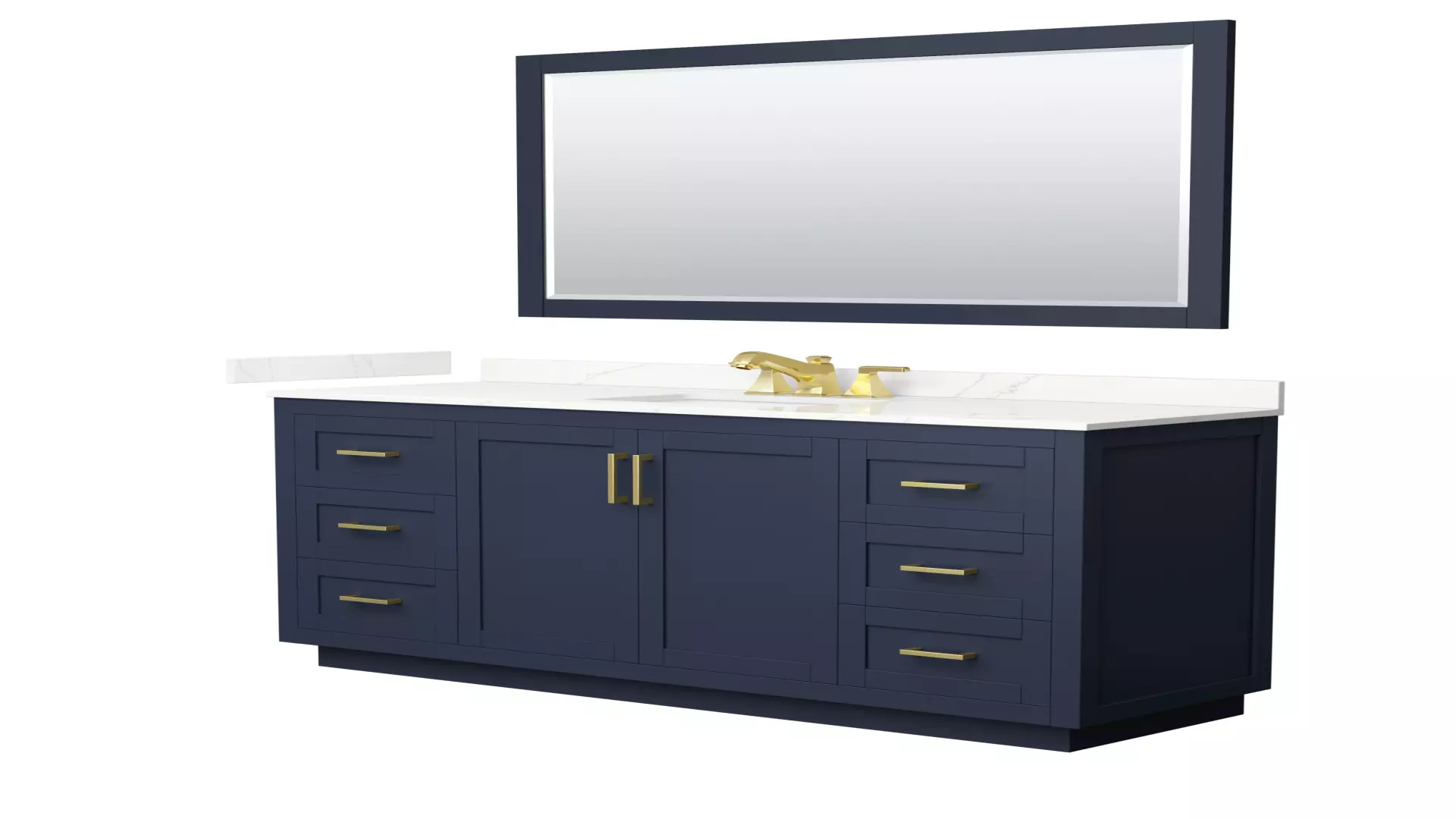 Miranda 66 Inch Single Bathroom Vanity in Dark Blue, Giotto Quartz Countertop, Undermount Square Sink (3-Hole), Brushed Gold Trim, 58 Inch Mirror material