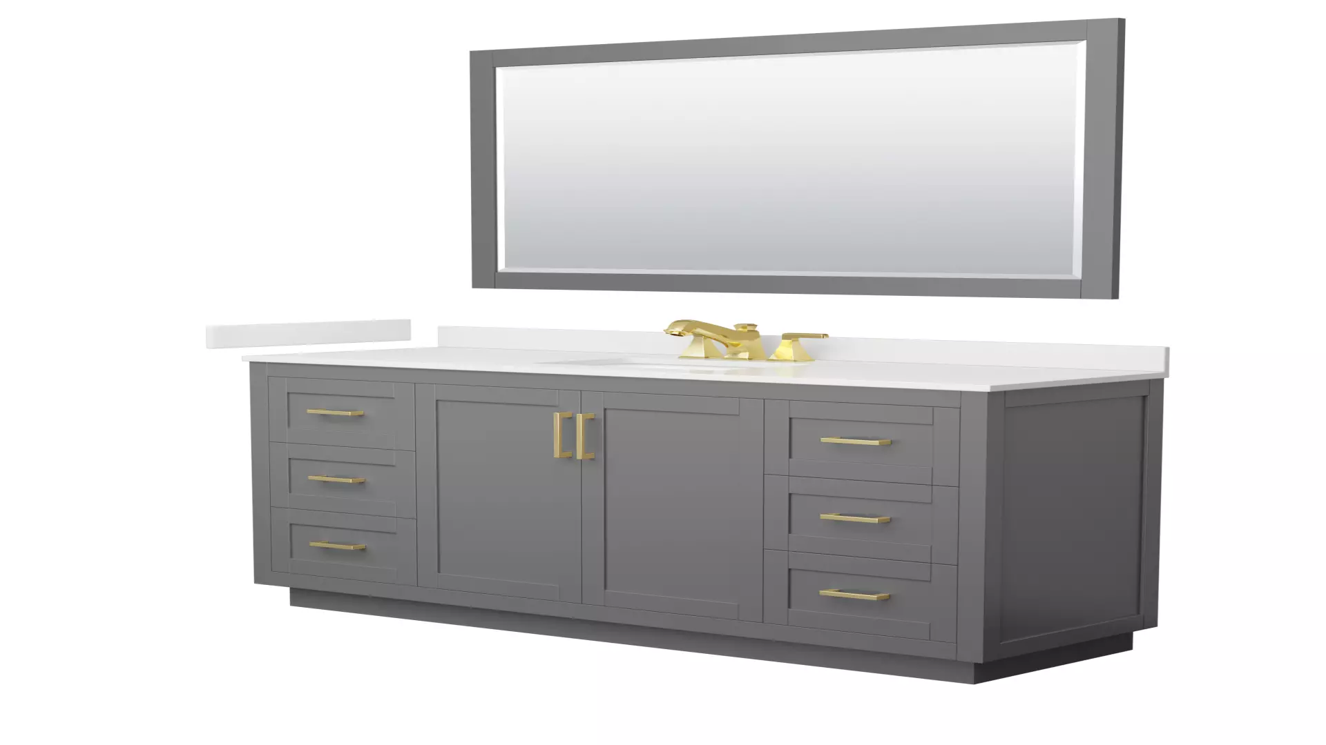 Miranda 66 Inch Single Bathroom Vanity in Dark Gray, White Quartz Countertop, Undermount Square Sink (3-Hole), Brushed Gold Trim, 58 Inch Mirror material