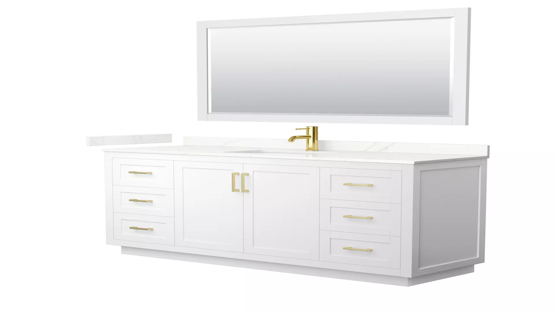 Miranda 66 Inch Single Bathroom Vanity in White, Giotto Quartz Countertop, Undermount Square Sink (1-Hole), Brushed Gold Trim, 58 Inch Mirror material