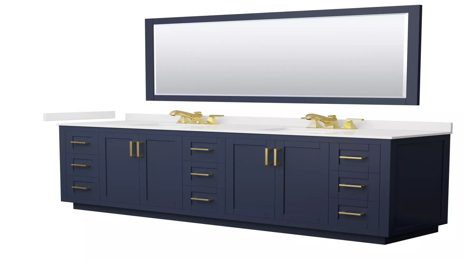 Miranda 84 Inch Double Bathroom Vanity in Dark Blue, White Quartz Countertop, Undermount Square Sinks (3-Hole), Brushed Gold Trim, 70 Inch Mirror material