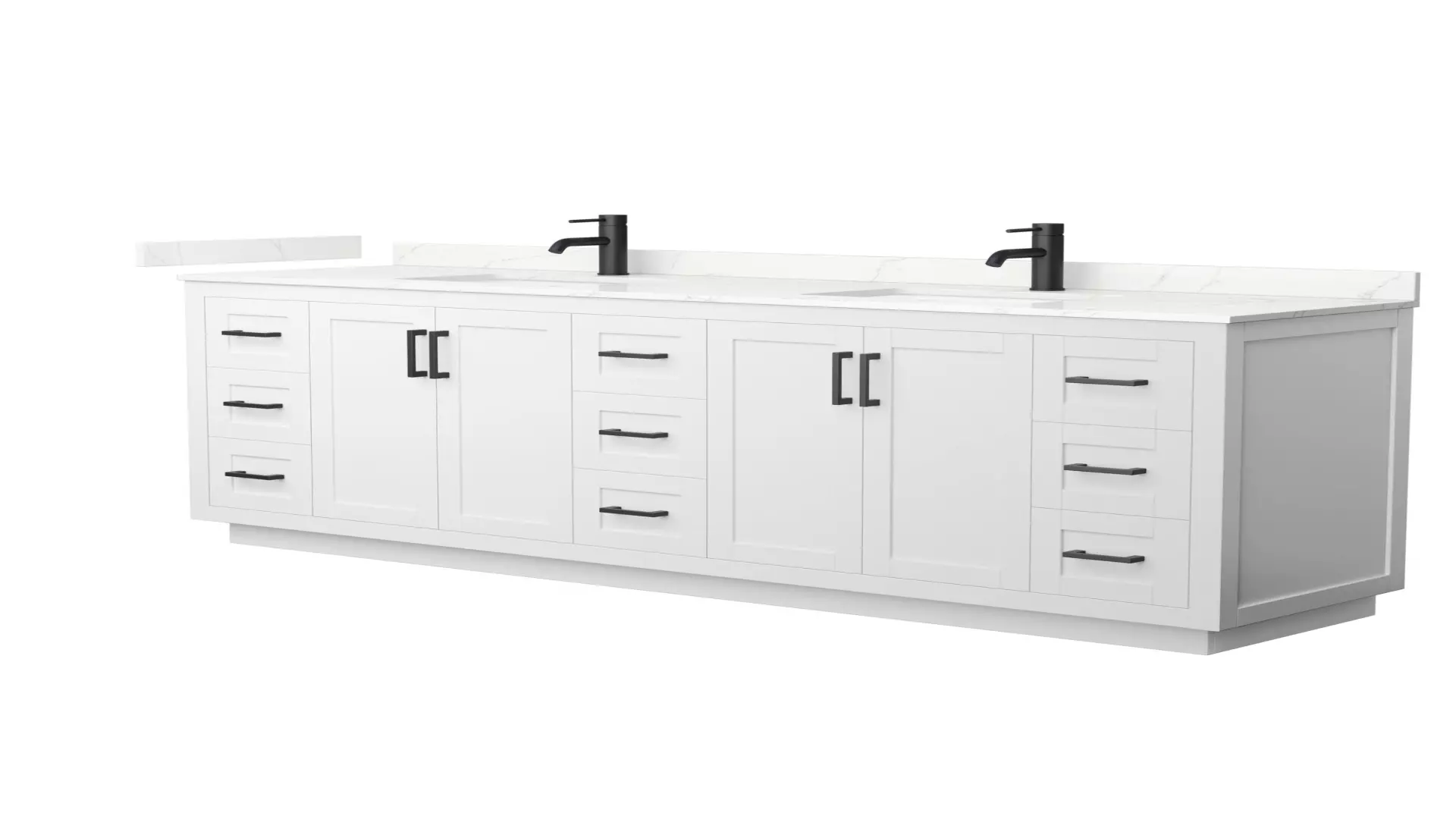 Miranda 84 Inch Double Bathroom Vanity in White, Giotto Quartz Countertop, Undermount Square Sinks (1-Hole), Matte Black Trim material