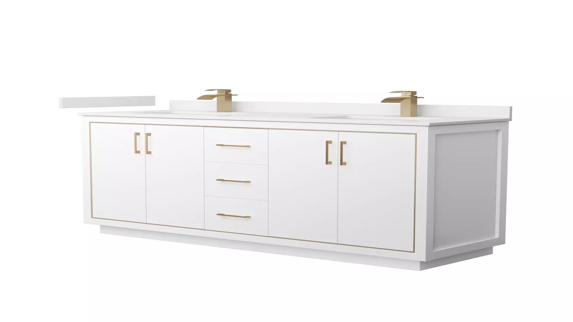 Icon 66 Inch Double Bathroom Vanity in White, White Quartz Countertop, Undermount Square Sinks (1-Hole), Satin Bronze Trim material