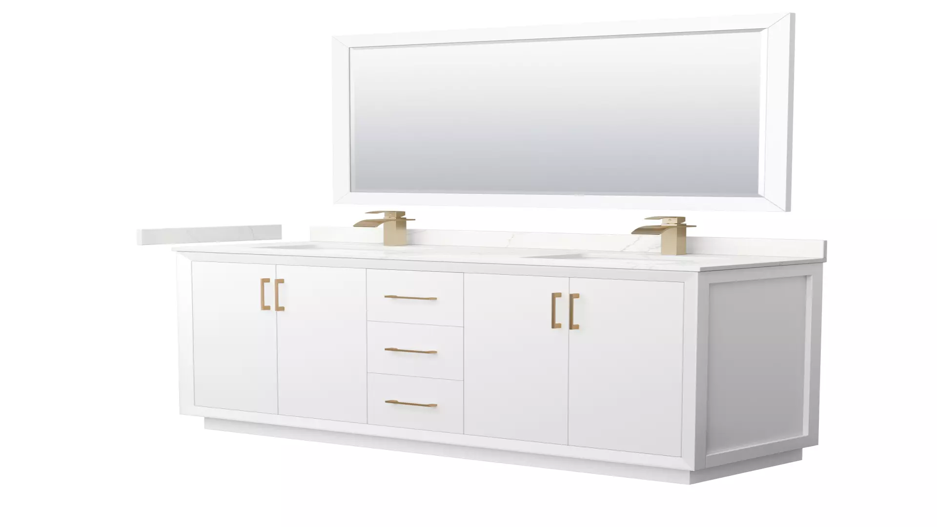 Strada 66 Inch Double Bathroom Vanity in White, Giotto Quartz Countertop, Undermount Square Sink (1-Hole), Satin Bronze Trim, 58 Inch Mirror material