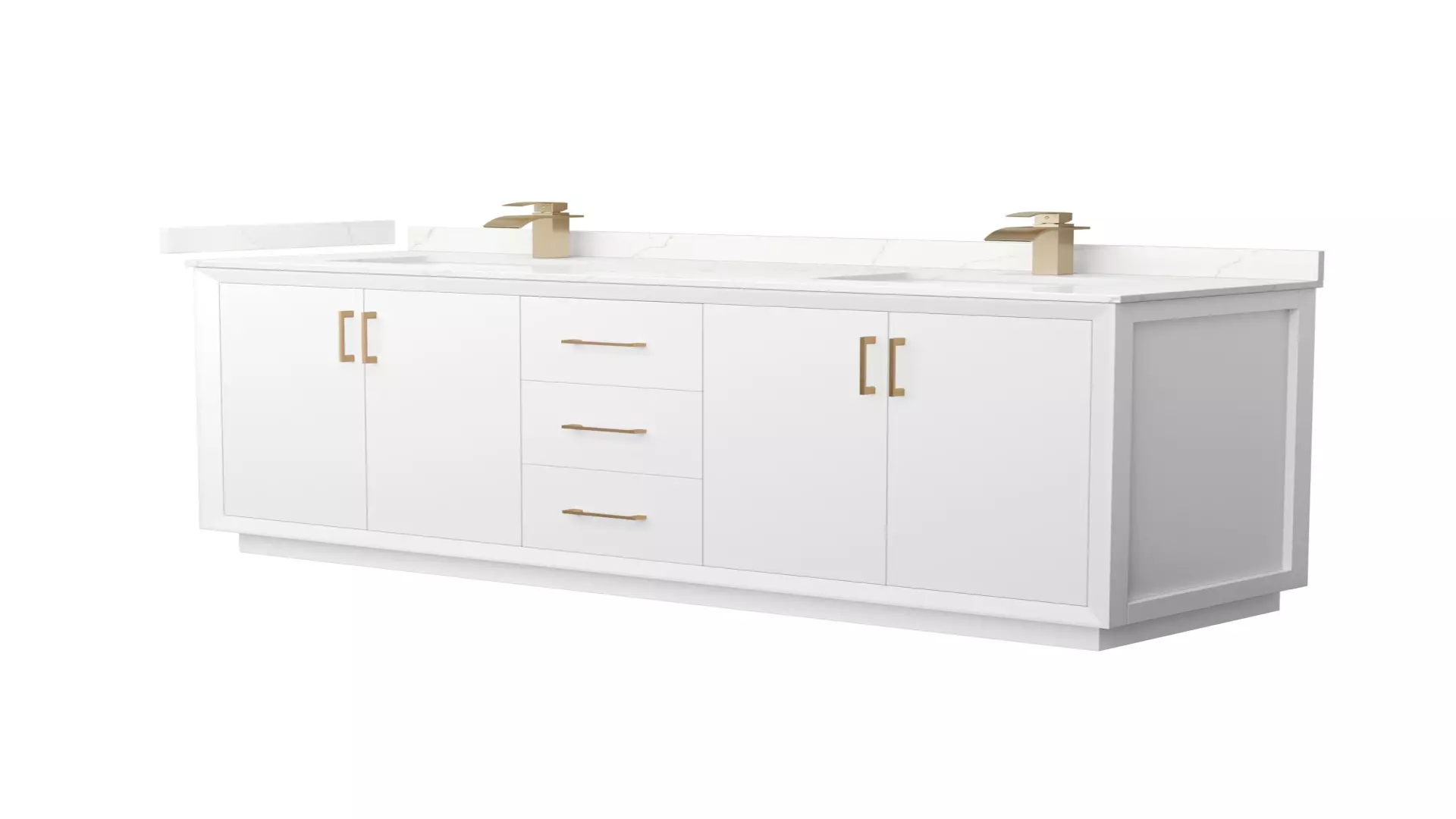 Strada 72 Inch Double Bathroom Vanity in White, Giotto Quartz Countertop, Undermount Square Sink (1-Hole), Satin Bronze Trim material