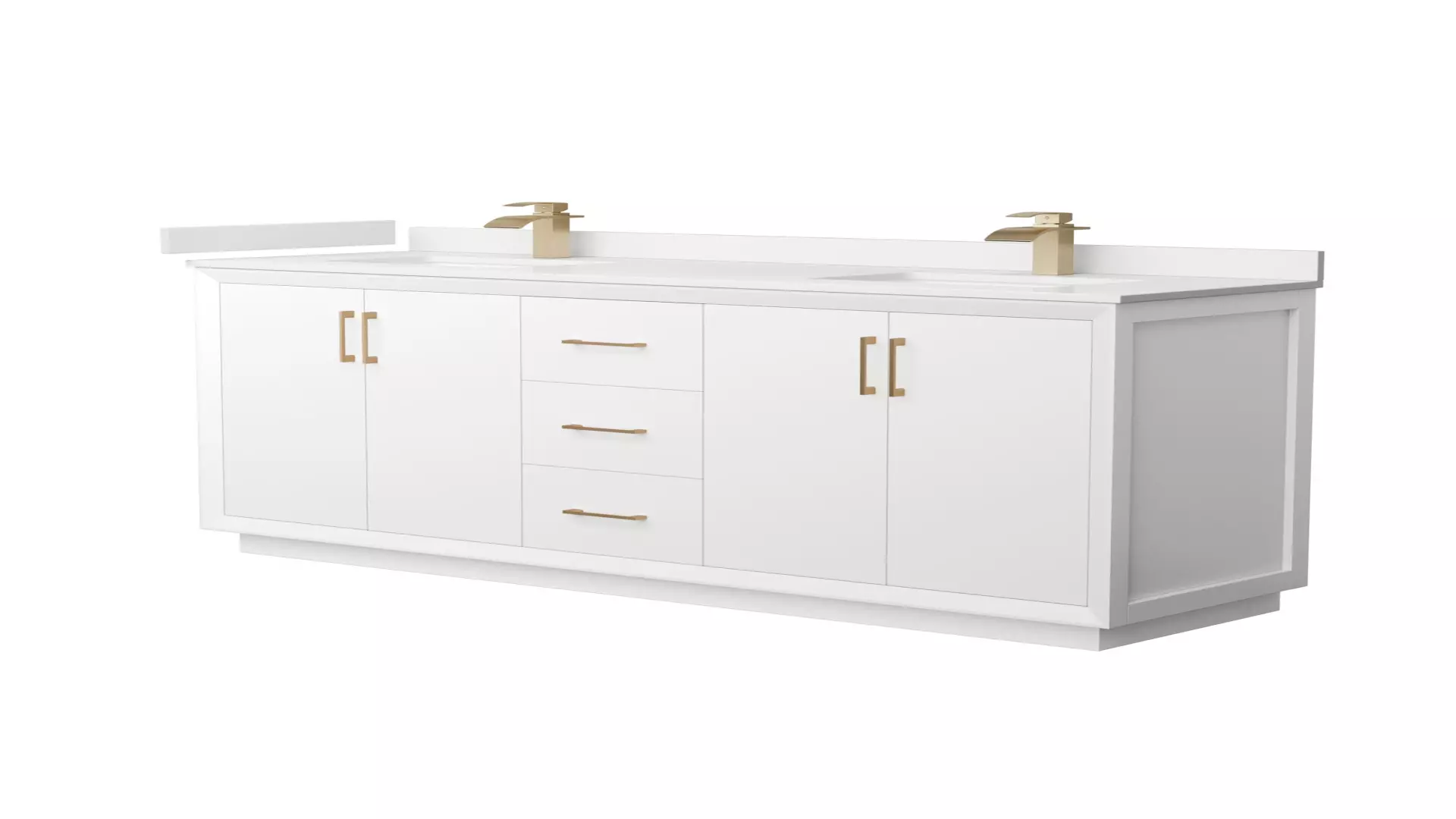 Strada 72 Inch Double Bathroom Vanity in White, White Quartz Countertop, Undermount Square Sink (1-Hole), Satin Bronze Trim material