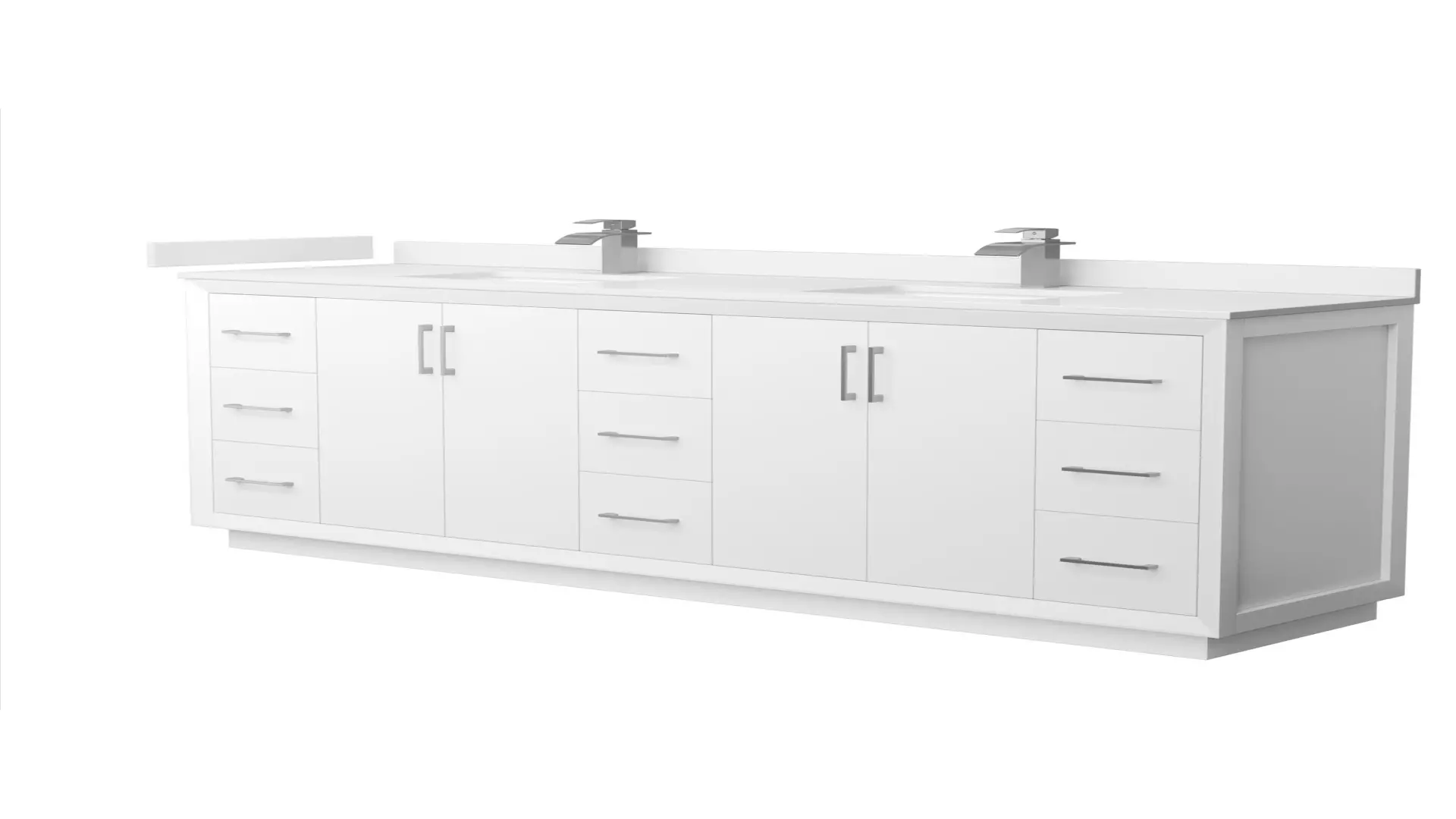 Strada 84 Inch Double Bathroom Vanity in White, White Quartz Countertop, Undermount Square Sink (1-Hole), Brushed Nickel Trim material
