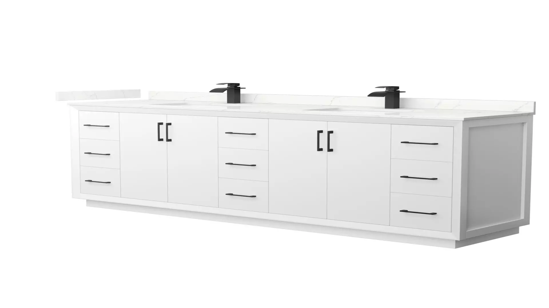 Strada 84 Inch Double Bathroom Vanity in White, Giotto Quartz Countertop, Undermount Square Sink (1-Hole), Matte Black Trim material
