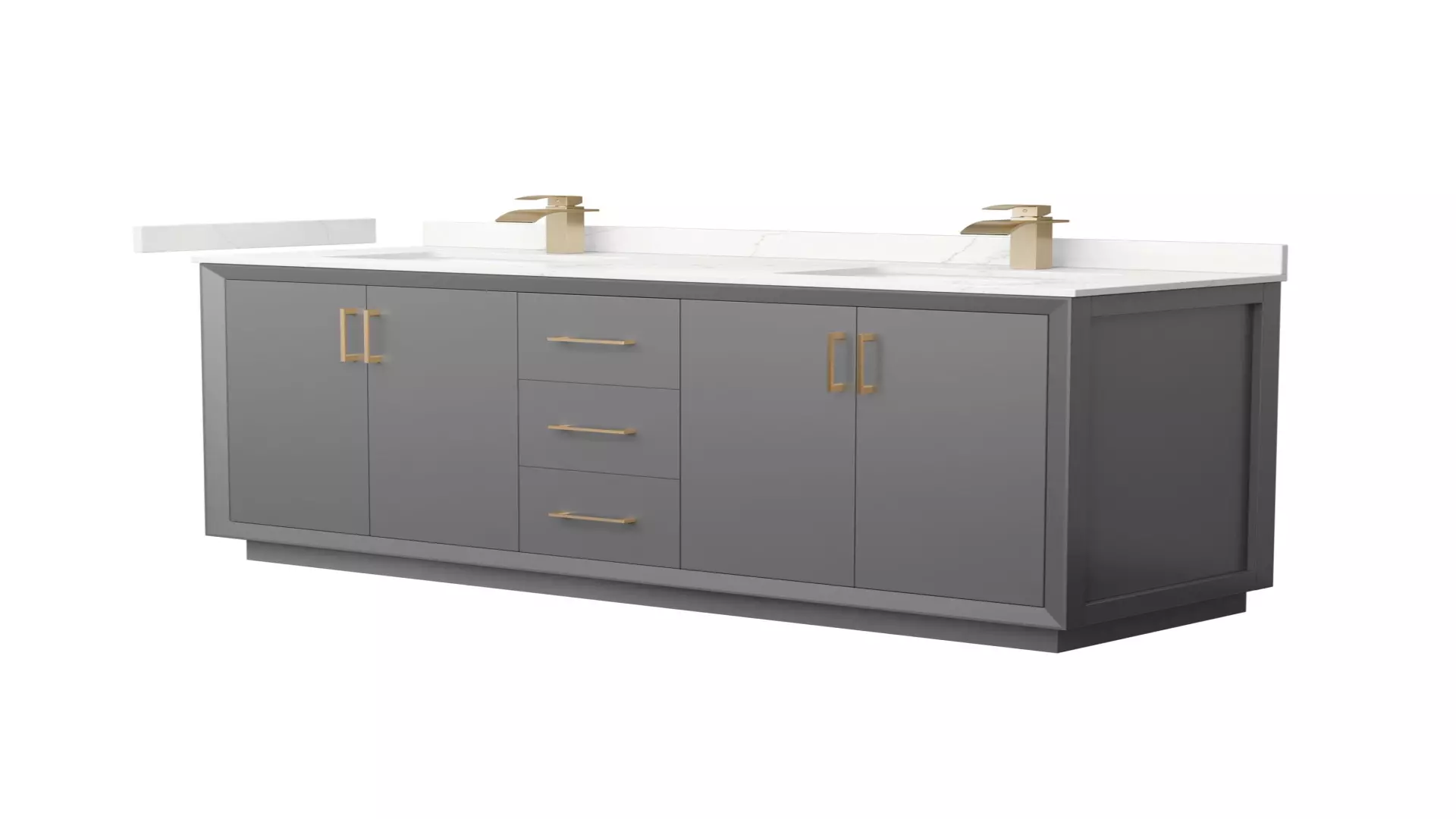 Strada 66 Inch Double Bathroom Vanity in Dark Gray, Giotto Quartz Countertop, Undermount Square Sink (1-Hole), Satin Bronze Trim material