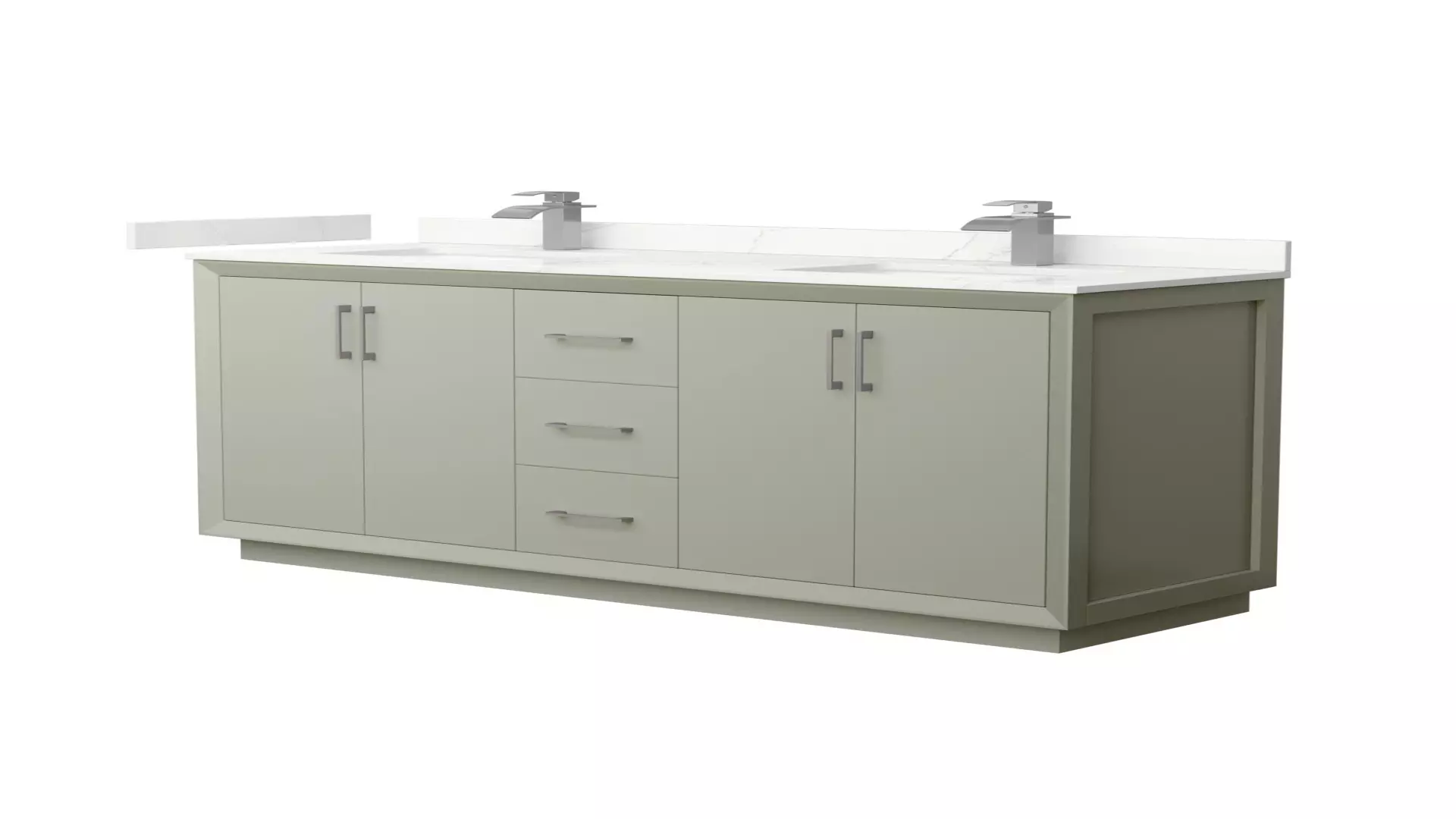 Strada 66 Inch Double Bathroom Vanity in Light Green, Giotto Quartz Countertop, Undermount Square Sinks (1-Hole), Brushed Nickel Trim material