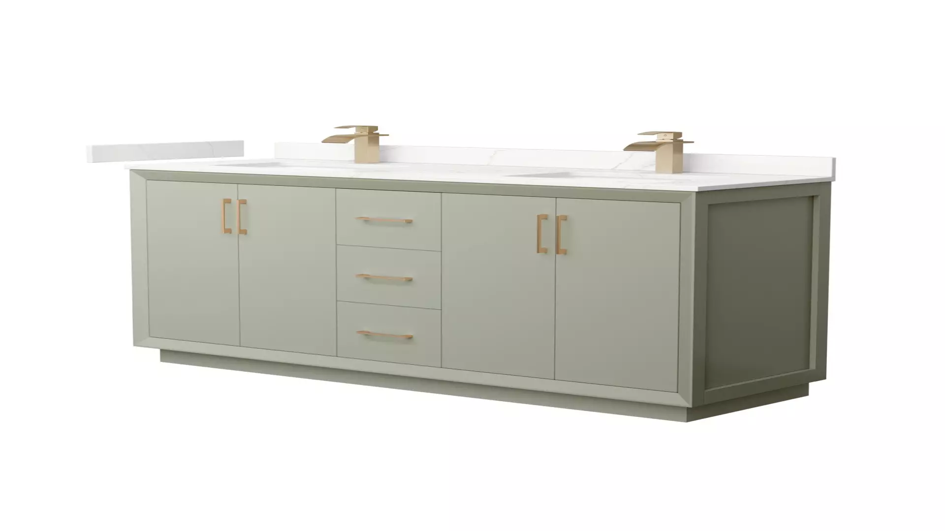 Strada 66 Inch Double Bathroom Vanity in Light Green, Giotto Quartz Countertop, Undermount Square Sinks (1-Hole), Satin Bronze Trim material