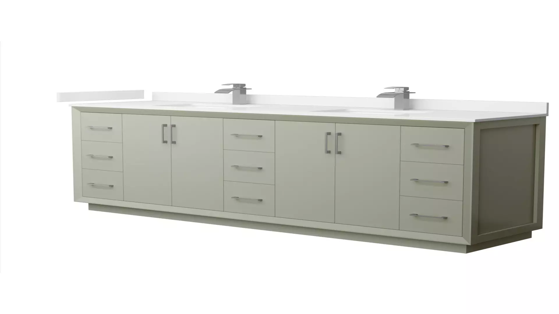 Strada 84 Inch Double Bathroom Vanity in Light Green, White Quartz Countertop, Undermount Square Sinks (1-Hole), Brushed Nickel Trim material