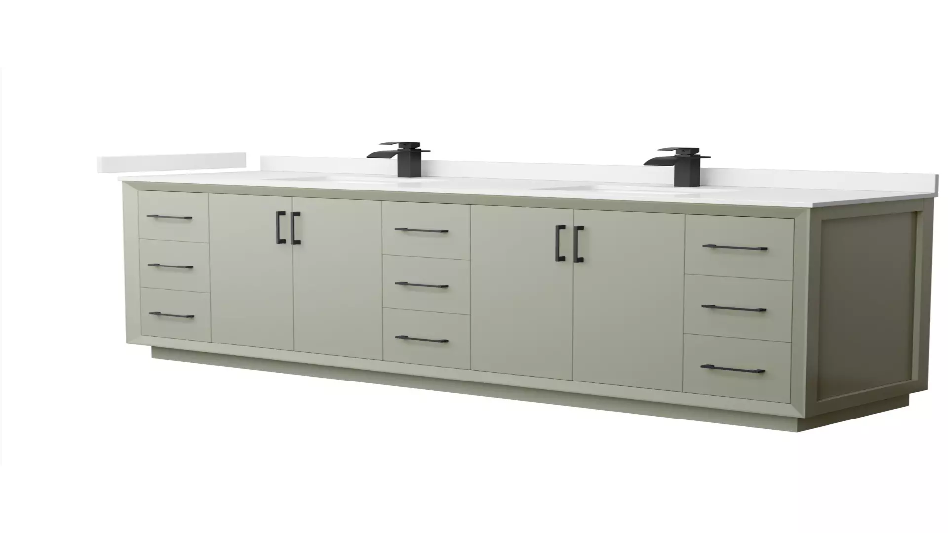 Strada 84 Inch Double Bathroom Vanity in Light Green, White Quartz Countertop, Undermount Square Sinks (1-Hole), Matte Black Trim material