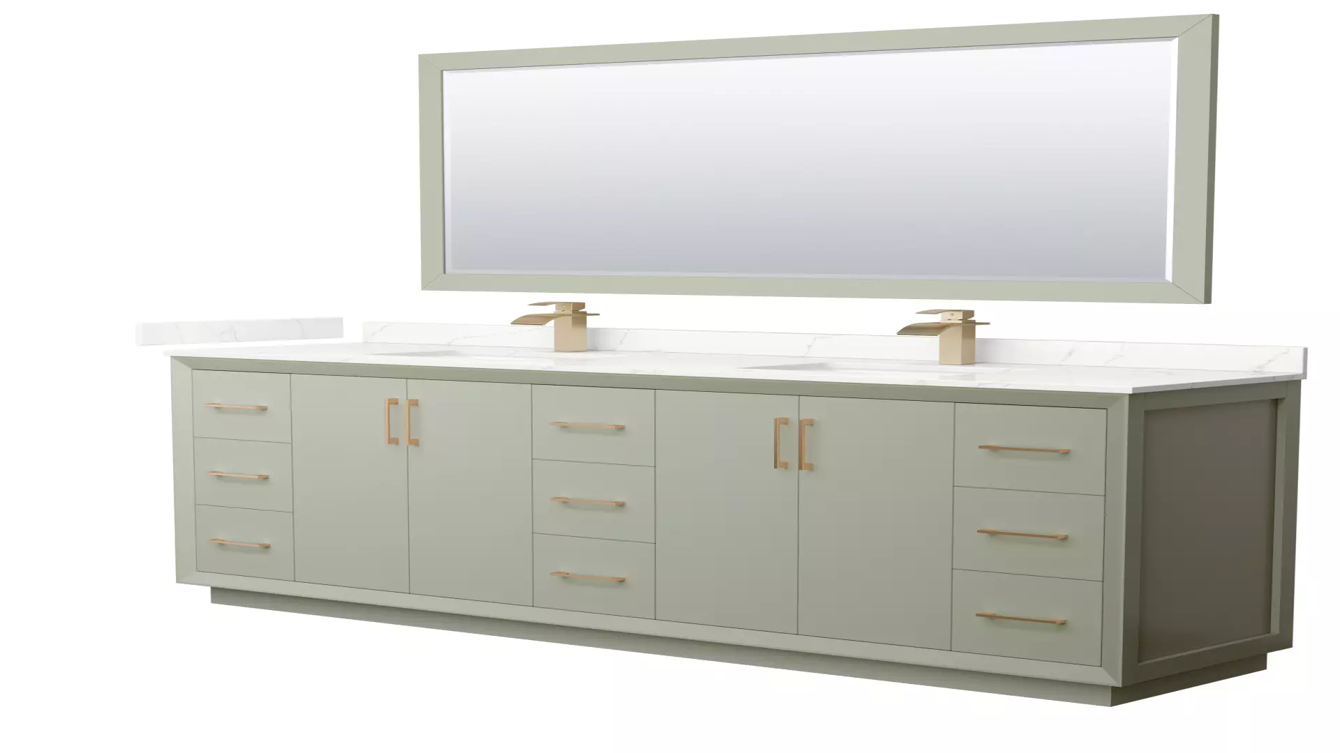 Strada 84 Inch Double Bathroom Vanity in Light Green, Giotto Quartz Countertop, Undermount Square Sinks (1-Hole), Satin Bronze Trim, 70 Inch Mirror material