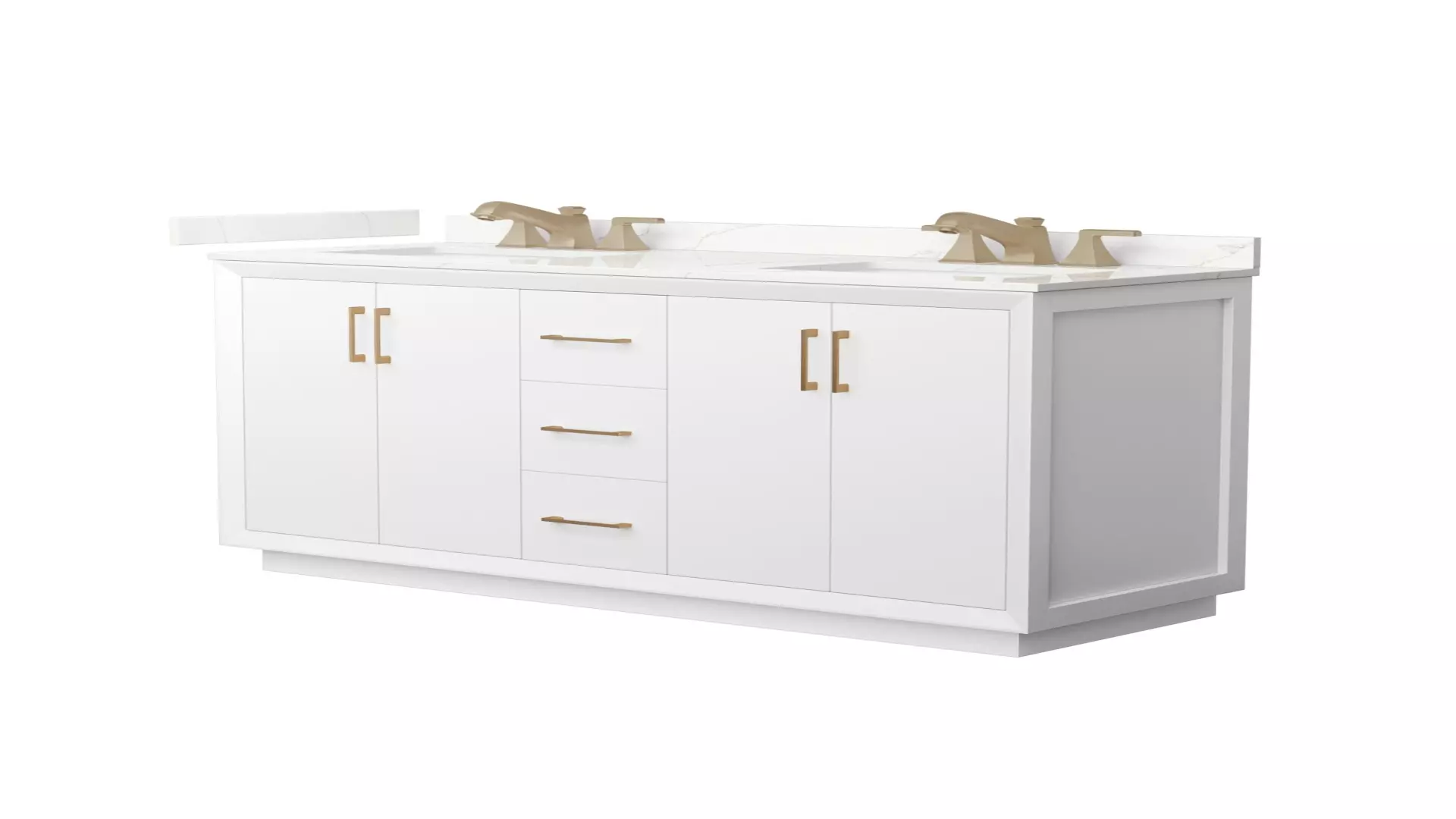 Strada 60 Inch Double Bathroom Vanity in White, Giotto Quartz Countertop, Undermount Square Sink (3-Hole), Satin Bronze Trim material