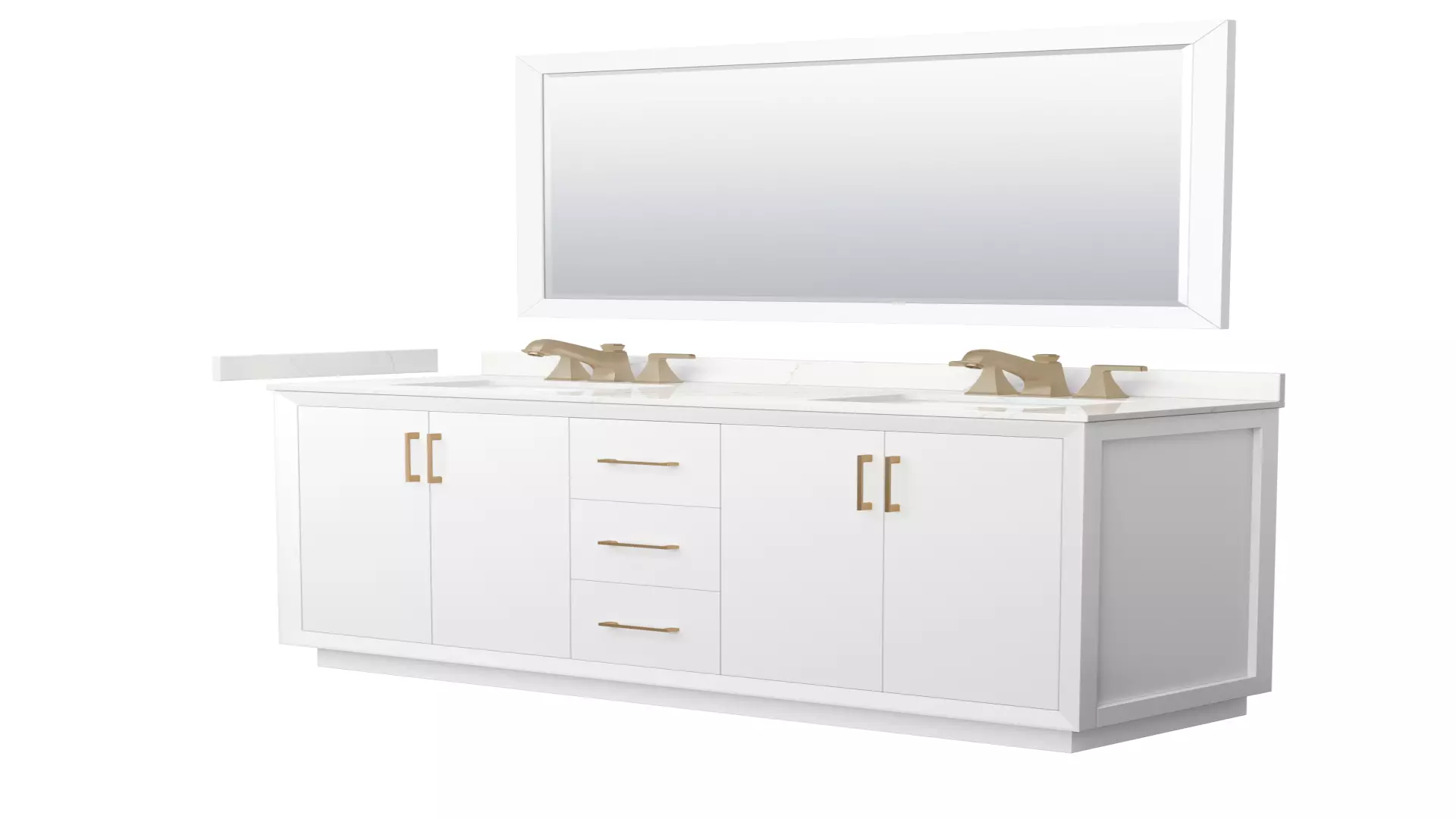 Strada 66 Inch Double Bathroom Vanity in White, Giotto Quartz Countertop, Undermount Square Sink (3-Hole), Satin Bronze Trim, 58 Inch Mirror material