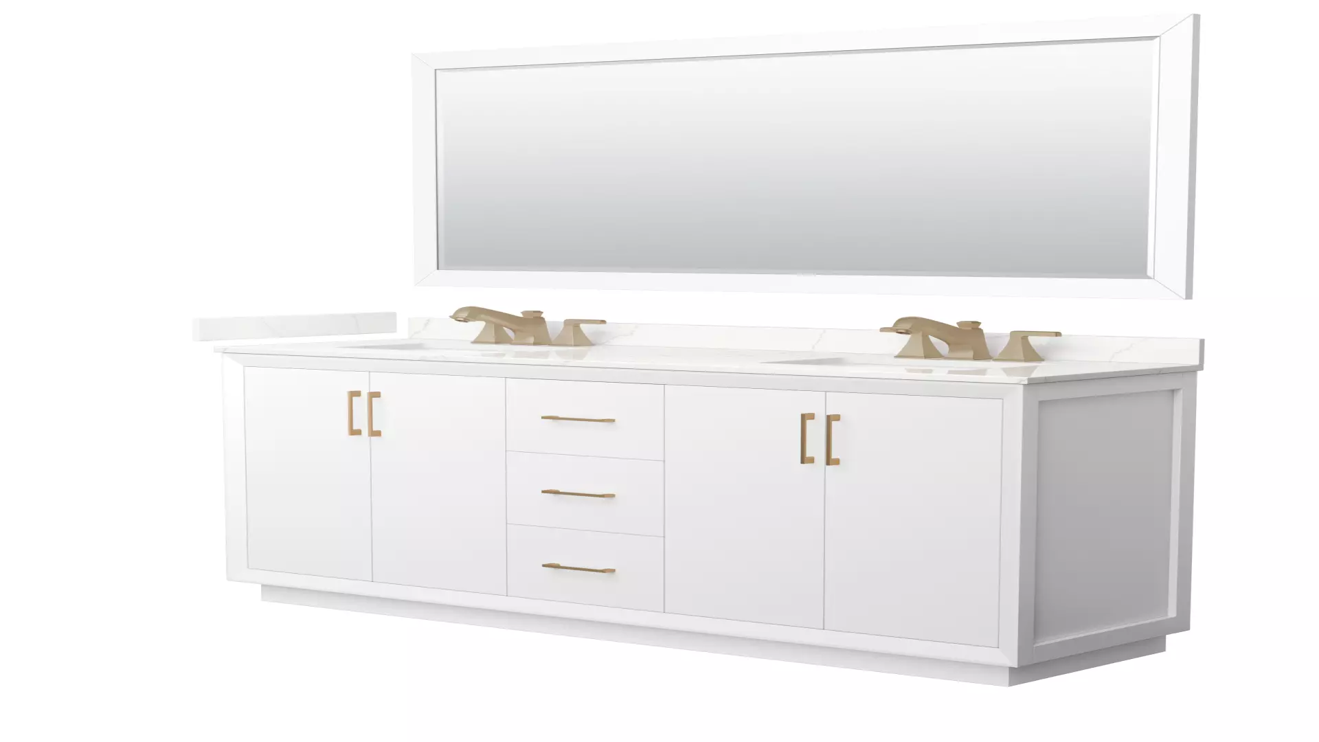 Strada 72 Inch Double Bathroom Vanity in White, Giotto Quartz Countertop, Undermount Square Sink (3-Hole), Satin Bronze Trim, 70 Inch Mirror material
