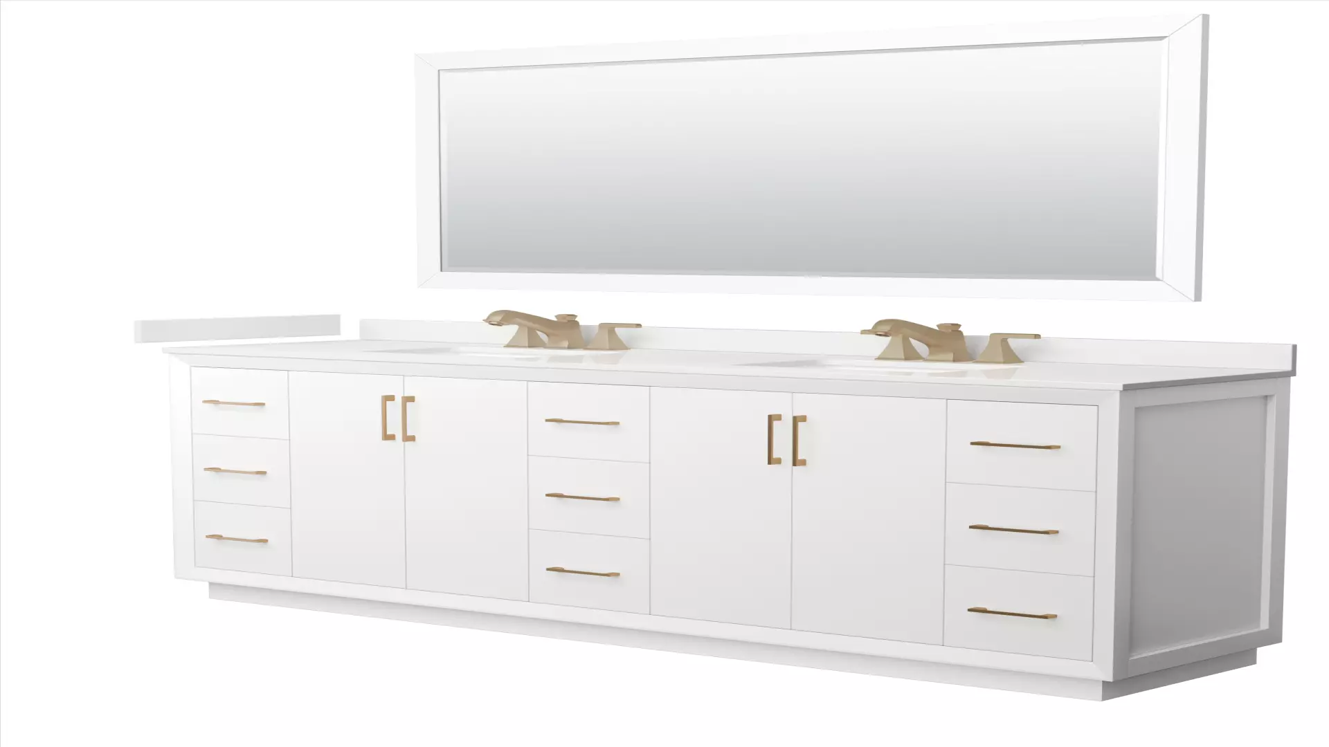 Strada 84 Inch Double Bathroom Vanity in White, White Quartz Countertop, Undermount Square Sink (3-Hole), Satin Bronze Trim, 70 Inch Mirror material