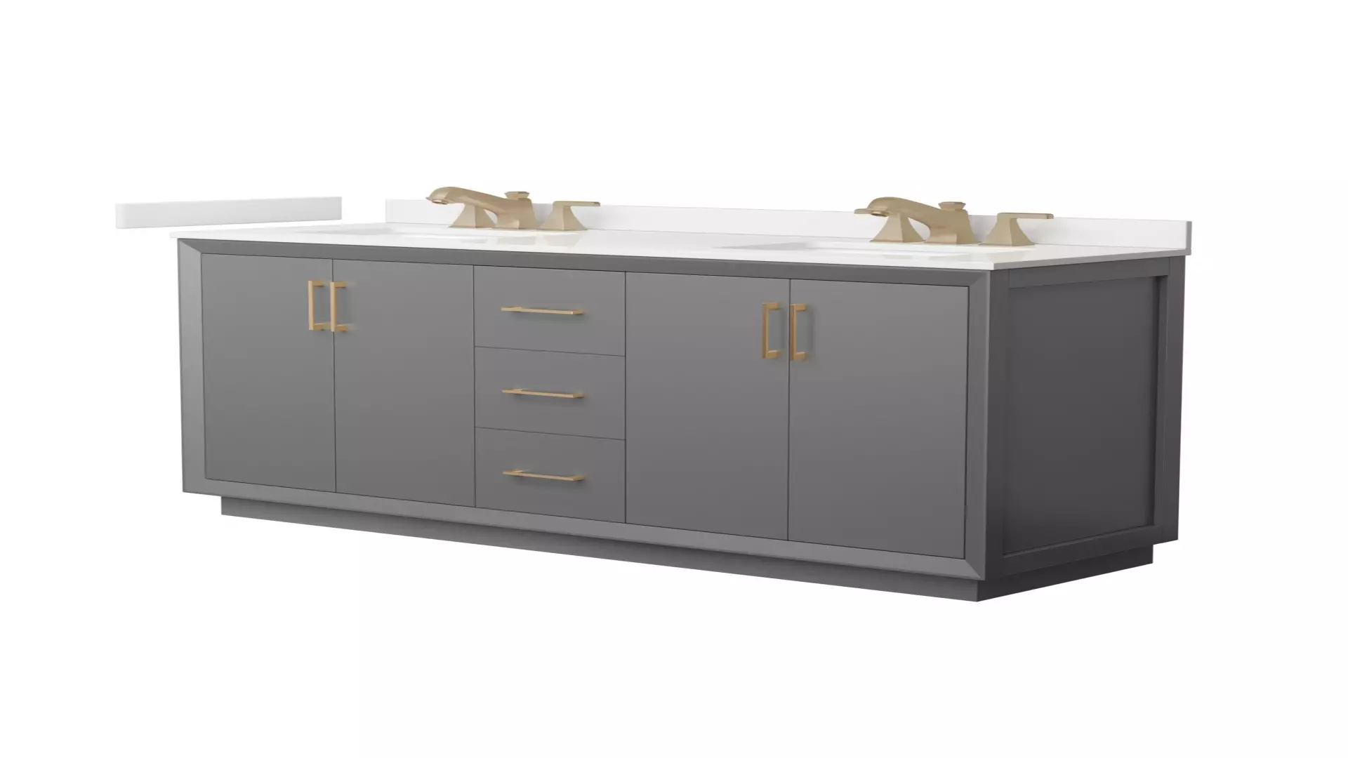 Strada 66 Inch Double Bathroom Vanity in Dark Gray, White Quartz Countertop, Undermount Square Sink (3-Hole), Satin Bronze Trim material