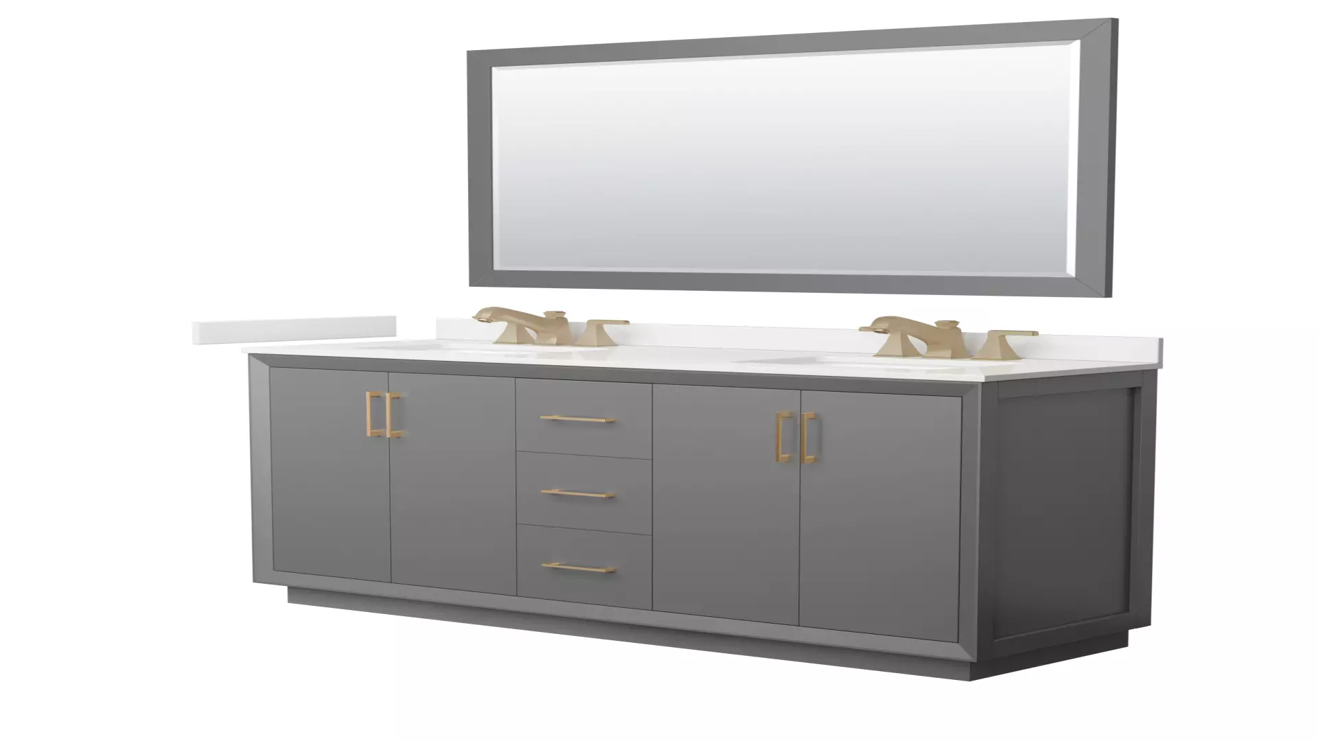 Strada 66 Inch Double Bathroom Vanity in Dark Gray, White Quartz Countertop, Undermount Square Sink (3-Hole), Satin Bronze Trim, 58 Inch Mirror material