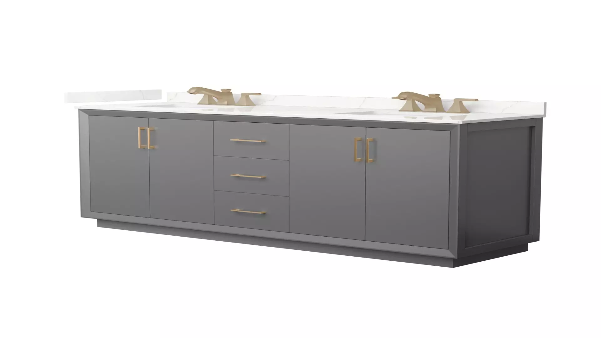 Strada 72 Inch Double Bathroom Vanity in Dark Gray, Giotto Quartz Countertop, Undermount Square Sink (3-Hole), Satin Bronze Trim material