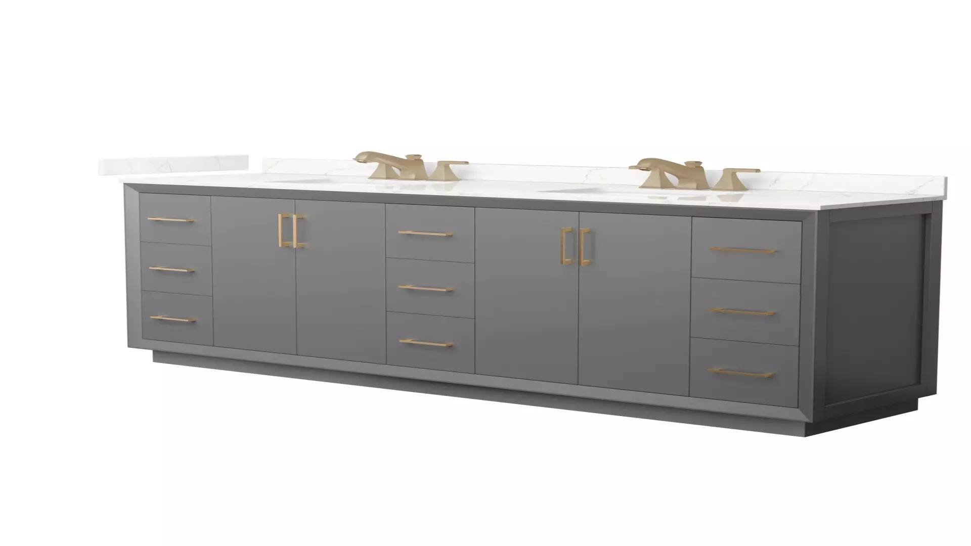 Strada 84 Inch Double Bathroom Vanity in Dark Gray, Giotto Quartz Countertop, Undermount Square Sink (3-Hole), Satin Bronze Trim material