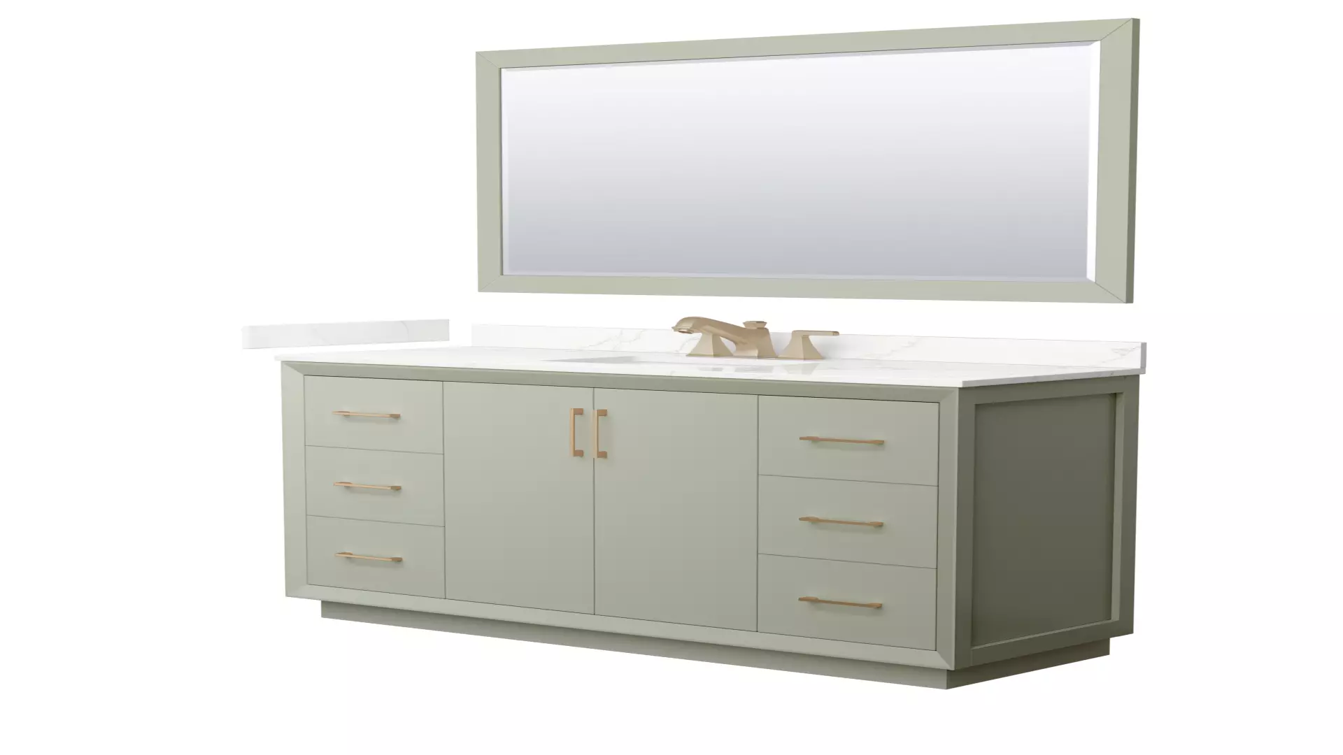 Strada 60 Inch Single Bathroom Vanity in Light Green, Giotto Quartz Countertop, Undermount Square Sink (3-Hole), Satin Bronze Trim, 58 Inch Mirror material