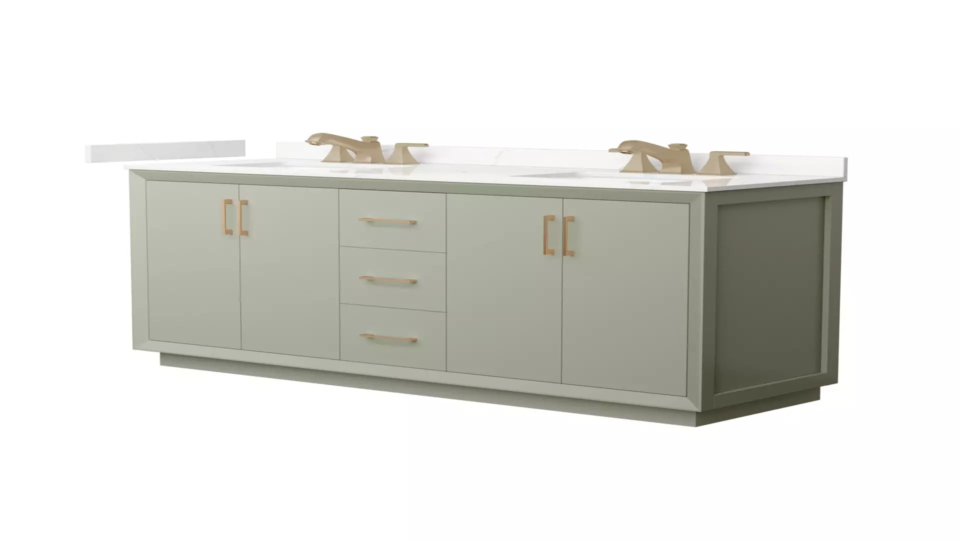 Strada 66 Inch Double Bathroom Vanity in Light Green, Giotto Quartz Countertop, Undermount Square Sinks (3-Hole), Satin Bronze Trim material