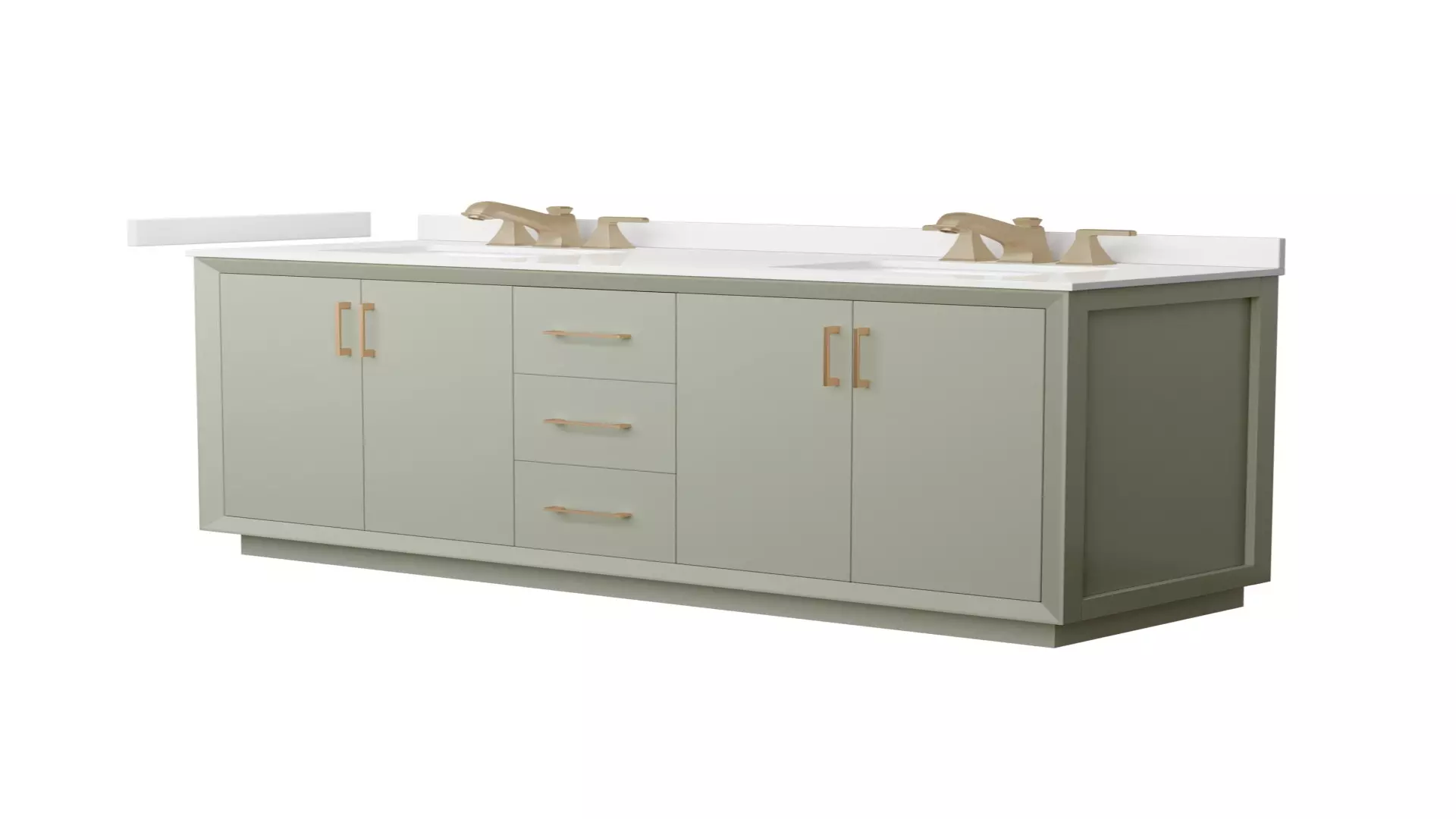 Strada 66 Inch Double Bathroom Vanity in Light Green, White Quartz Countertop, Undermount Square Sinks (3-Hole), Satin Bronze Trim material