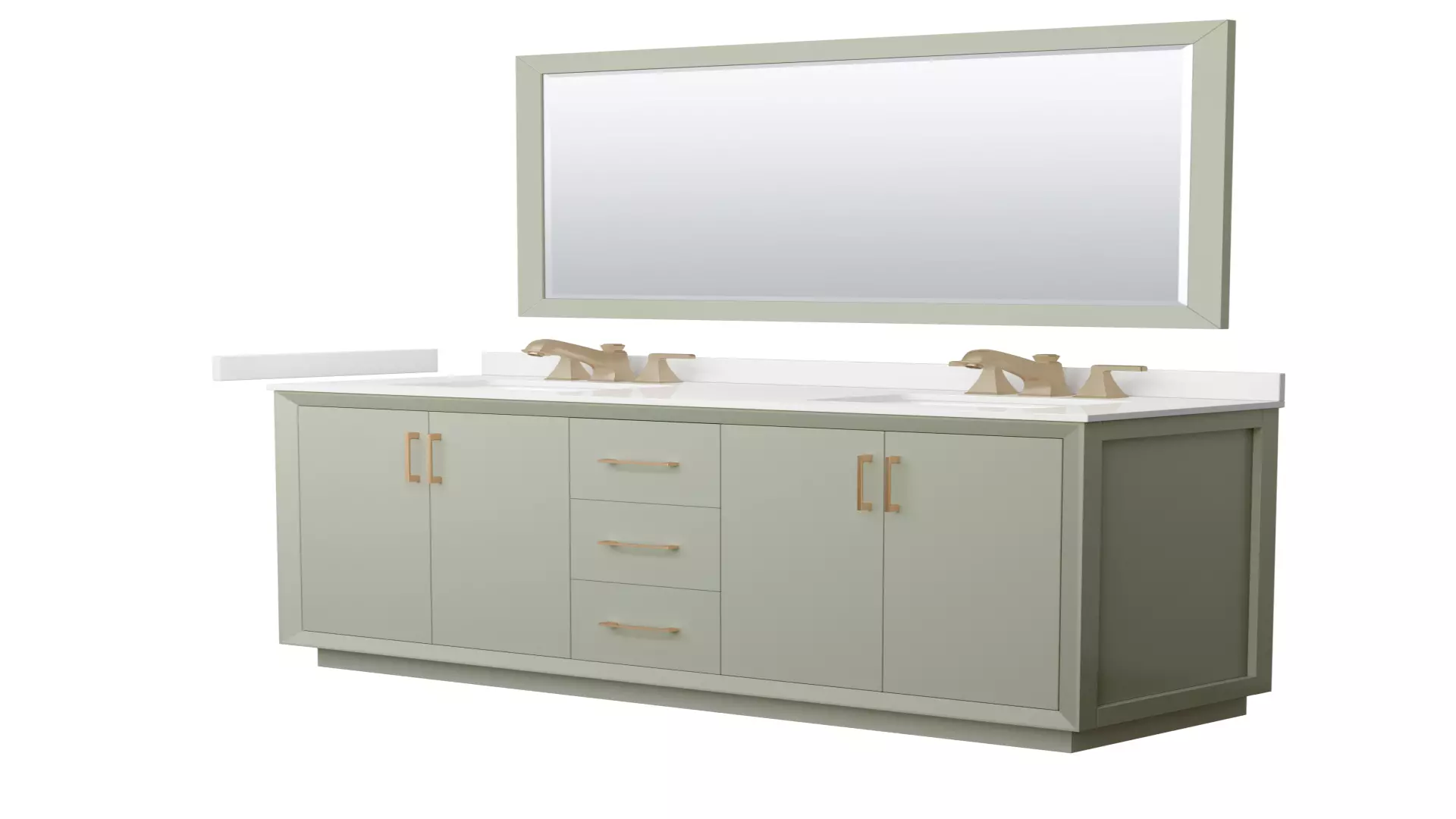Strada 66 Inch Double Bathroom Vanity in Light Green, White Quartz Countertop, Undermount Square Sinks (3-Hole), Satin Bronze Trim, 58 Inch Mirror material