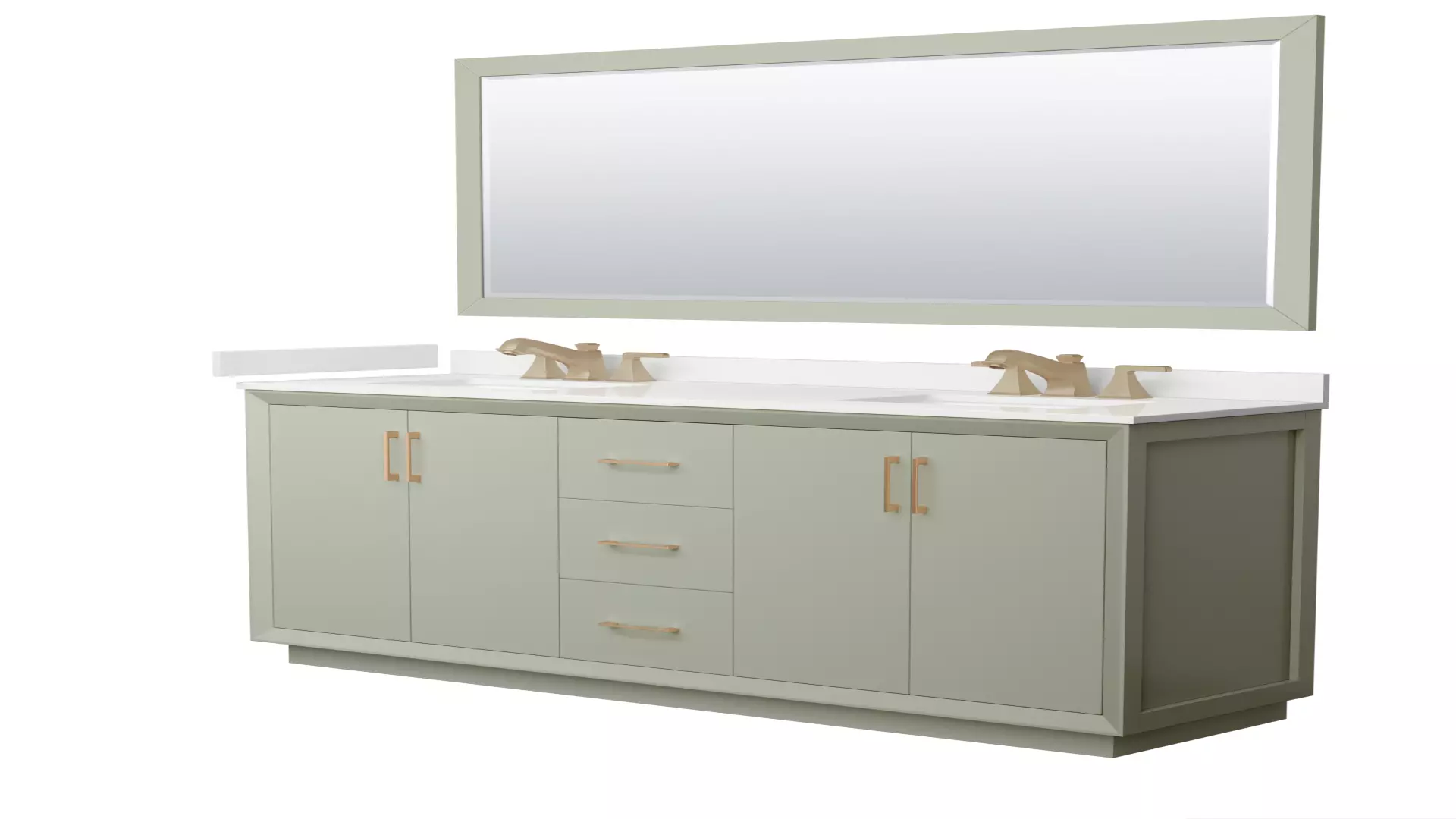 Strada 72 Inch Double Bathroom Vanity in Light Green, White Quartz Countertop, Undermount Square Sinks (3-Hole), Satin Bronze Trim, 70 Inch Mirror material