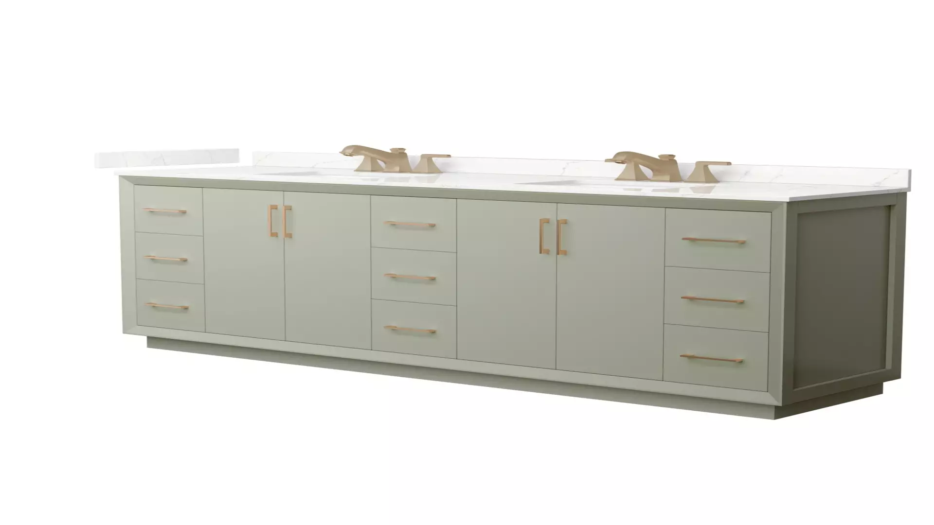 Strada 84 Inch Double Bathroom Vanity in Light Green, Giotto Quartz Countertop, Undermount Square Sinks (3-Hole), Satin Bronze Trim material