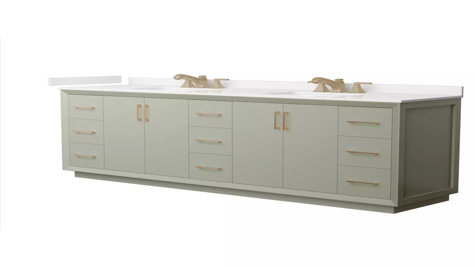 Strada 84 Inch Double Bathroom Vanity in Light Green, White Quartz Countertop, Undermount Square Sinks (3-Hole), Satin Bronze Trim material