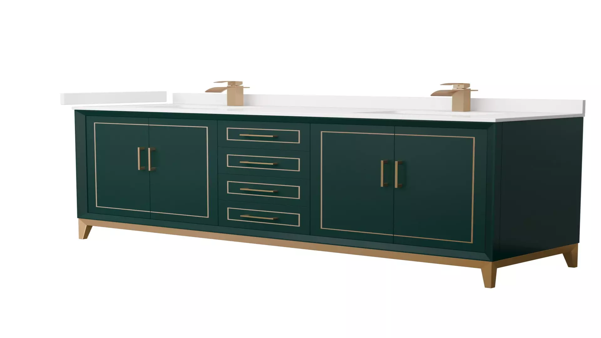 Marlena 72 Inch Double Bathroom Vanity in Green, White Quartz Countertop, Undermount Square Sinks (1-Hole), Satin Bronze Trim material