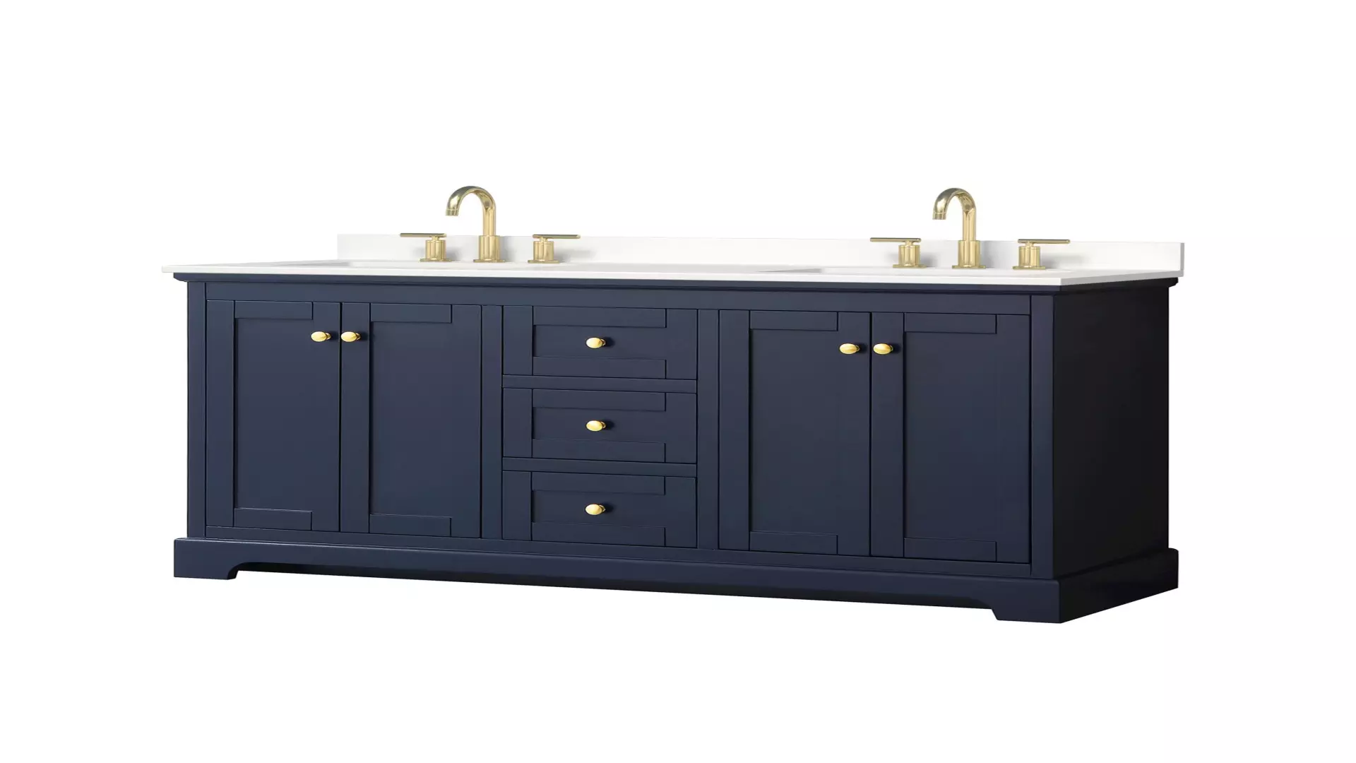 Avery 60 Inch Double Bathroom Vanity in Dark Blue, White Quartz Countertop, Undermount Square Sinks (3-Hole), Brushed Gold Trim material