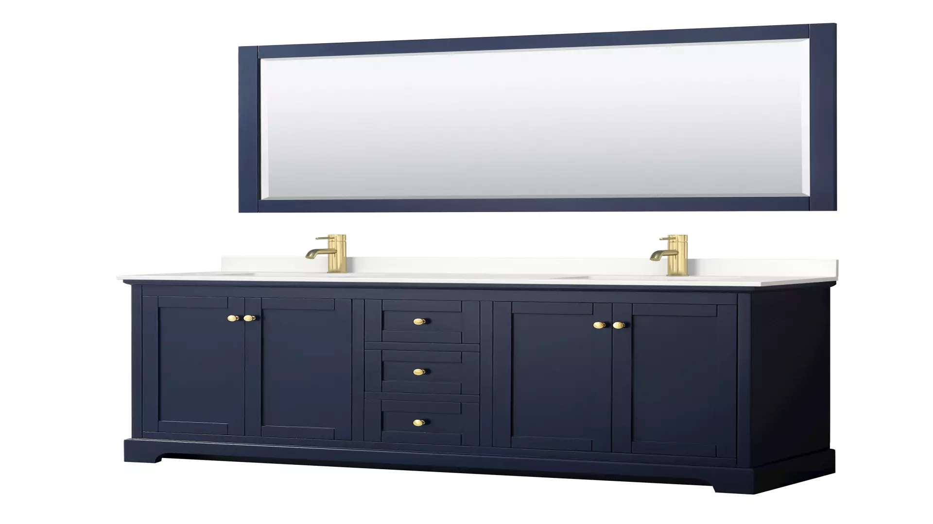 Avery 72 Inch Double Bathroom Vanity in Dark Blue, White Quartz Countertop, Undermount Square Sinks (1-Hole), Brushed Gold Trim, 70 Inch Mirror material